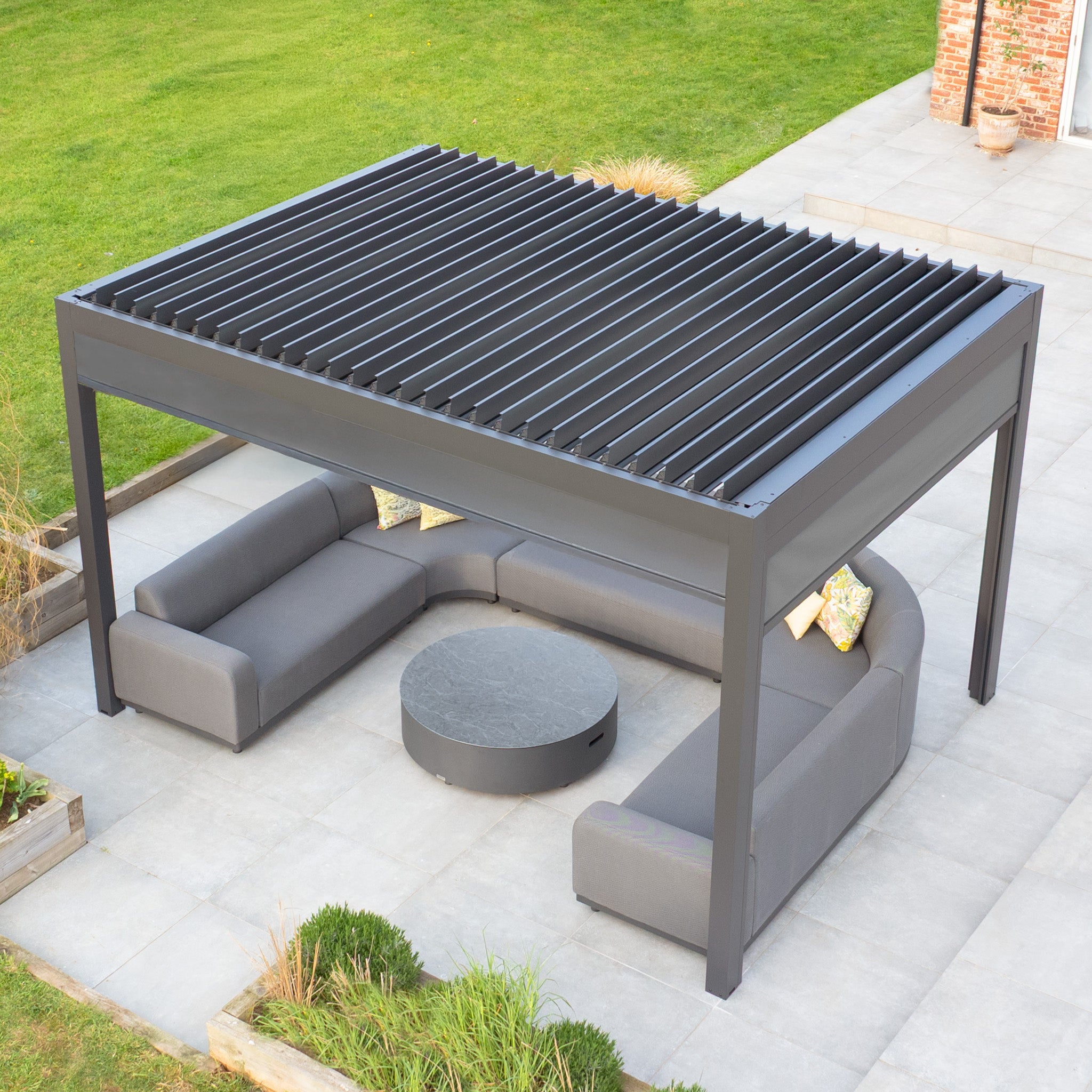 PergoSTET Deluxe 3m x 4m Rectangular Pergola with Motorised LED Louvres and 3 Manual Side Blinds in Grey