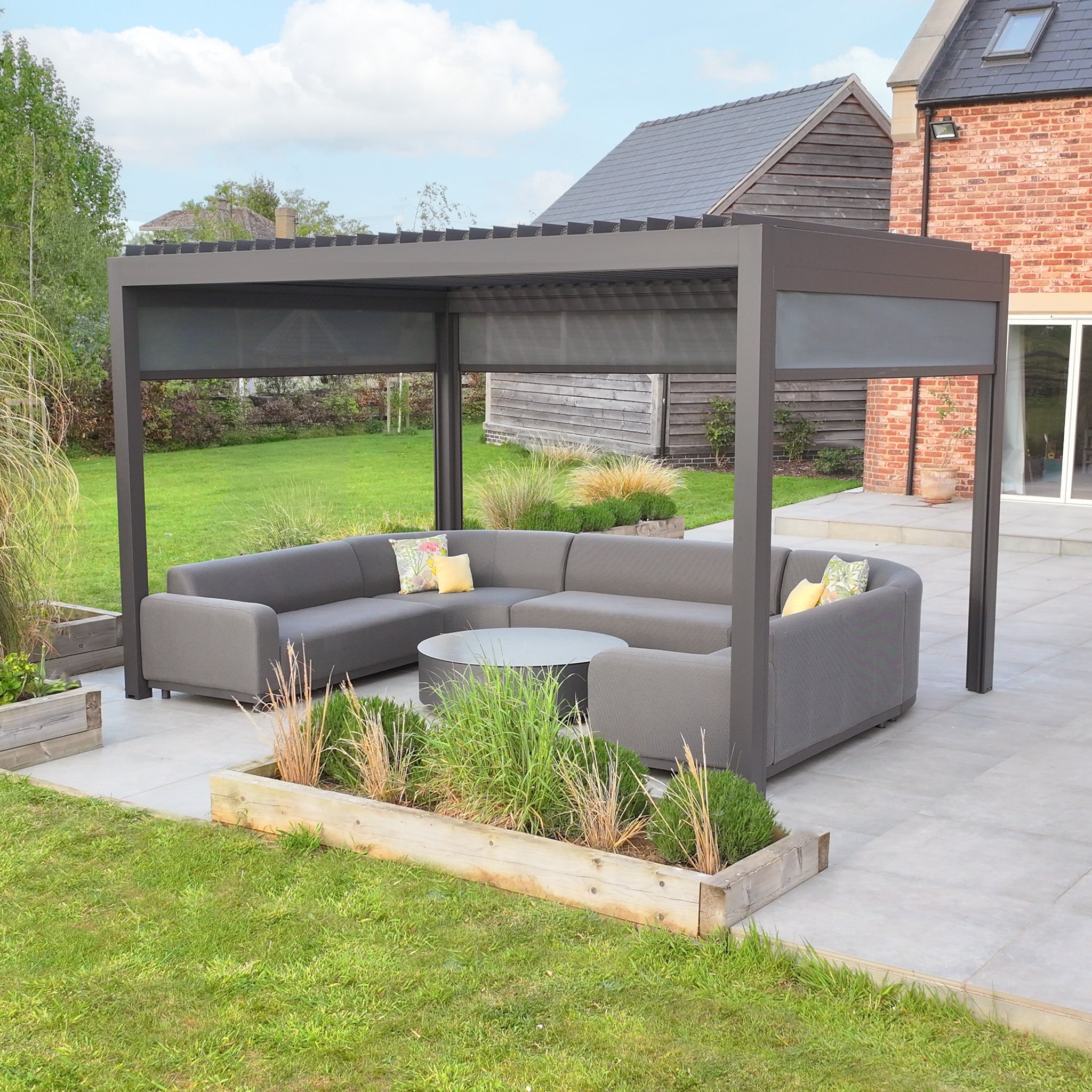 PergoSTET Deluxe 3m x 4m Rectangular Pergola with Motorised LED Louvres and 3 Manual Side Blinds in Grey