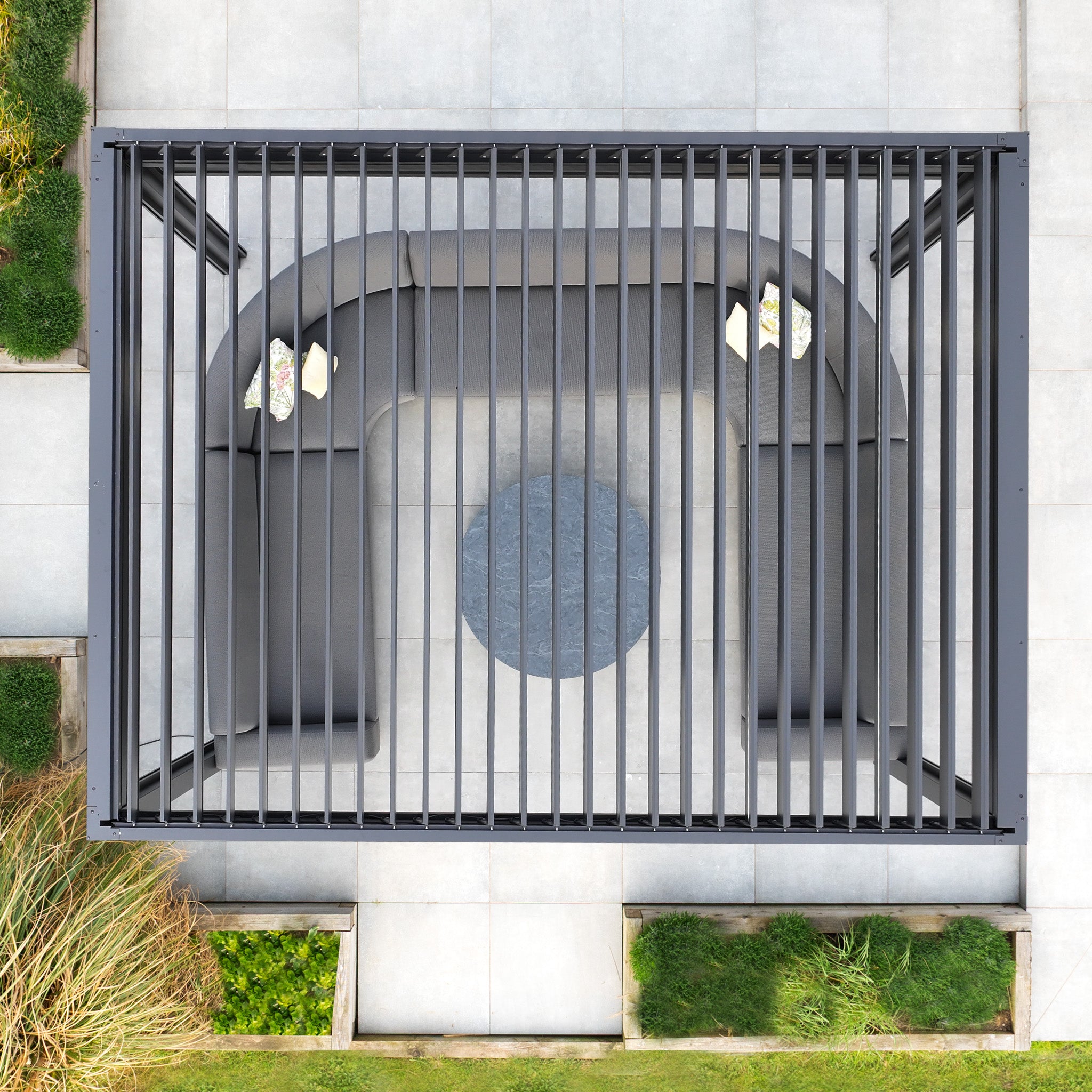 PergoSTET Deluxe 3m x 4m Rectangular Pergola with Motorised LED Louvres and 3 Manual Side Blinds in Grey