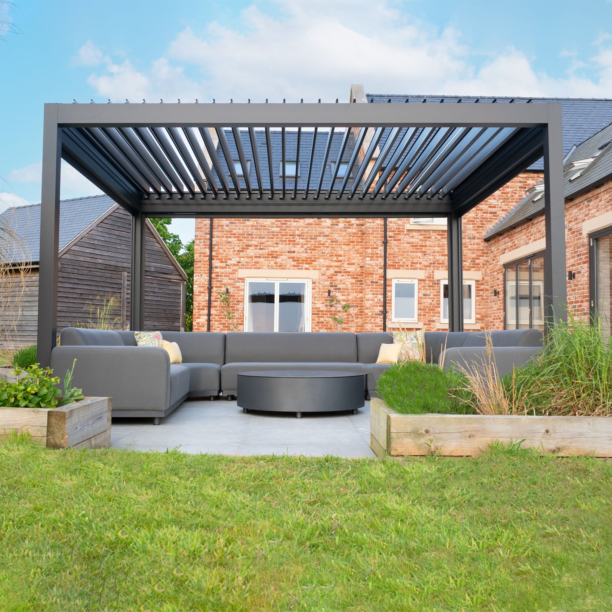 PergoSTET Deluxe 3m x 4m Rectangular Pergola with Motorised LED Louvres and 3 Manual Side Blinds in Grey