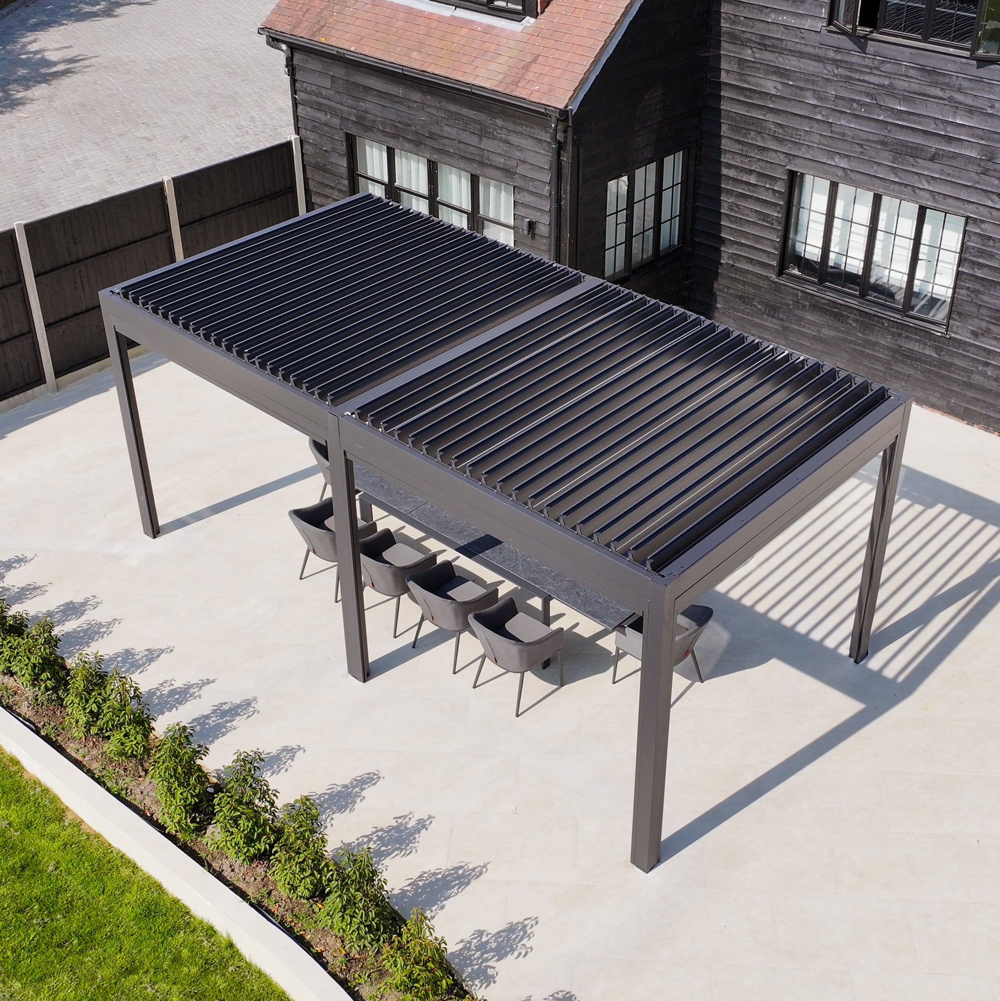 PergoSTET Deluxe 3m x 6m Rectangular Pergola with Motorised LED Louvres and 4 Manual Side Blinds in Grey