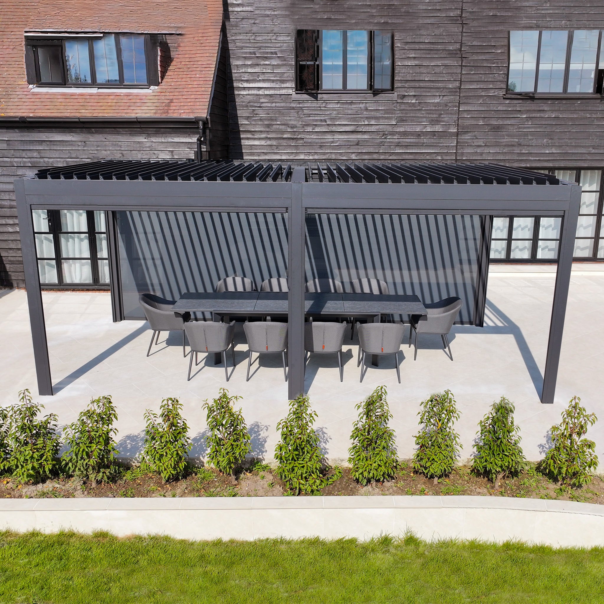 PergoSTET Deluxe 3m x 6m Rectangular Pergola with Motorised LED Louvres and 4 Manual Side Blinds in Grey