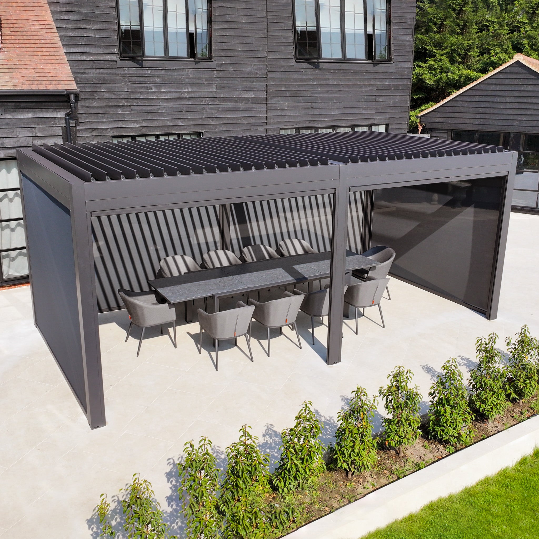 PergoSTET Deluxe 3m x 6m Rectangular Pergola with Motorised LED Louvres and 4 Manual Side Blinds in Grey
