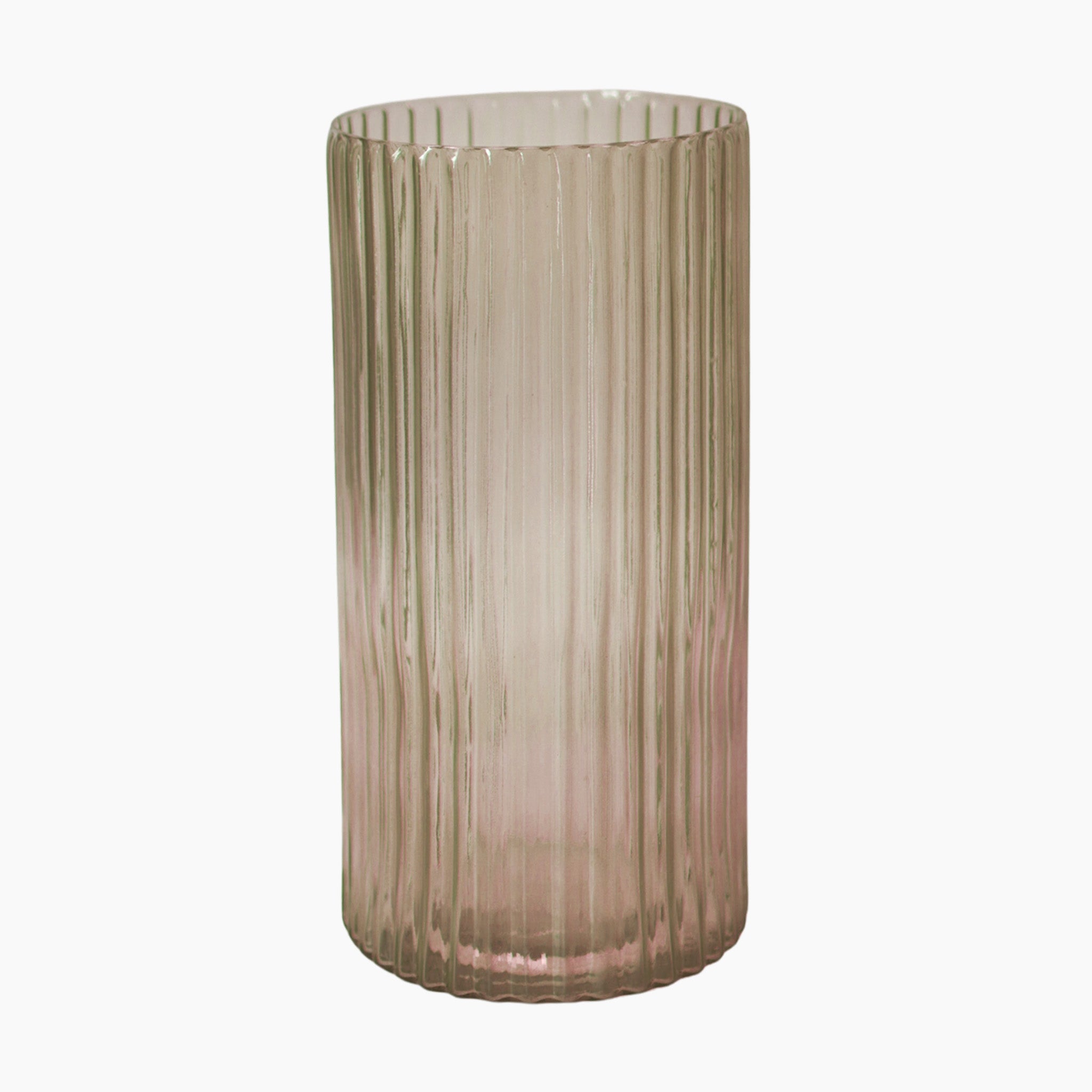 The Ivyline Daphne Large Ribbed Vase in Apricot, with its tall and translucent design, elegantly complements sustainable interior décor against a plain white background.