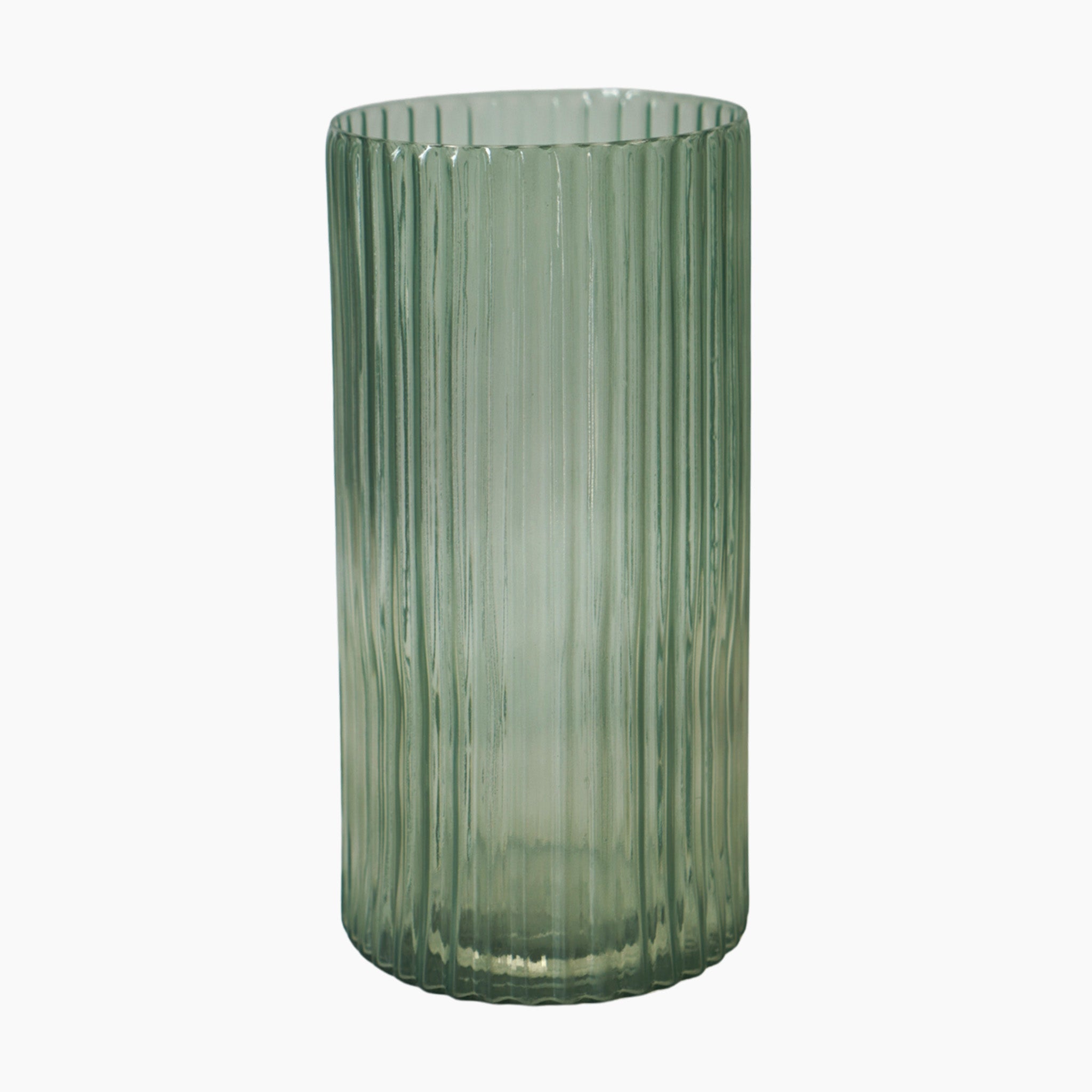 The Ivyline Daphne Large Ribbed Vase in Sage, crafted from green textured glass, showcases vertical ridges in a sleek cylindrical design. Styled simply against a white background, it combines elegance with sustainable elements, making it perfect for enhancing your interior décor.