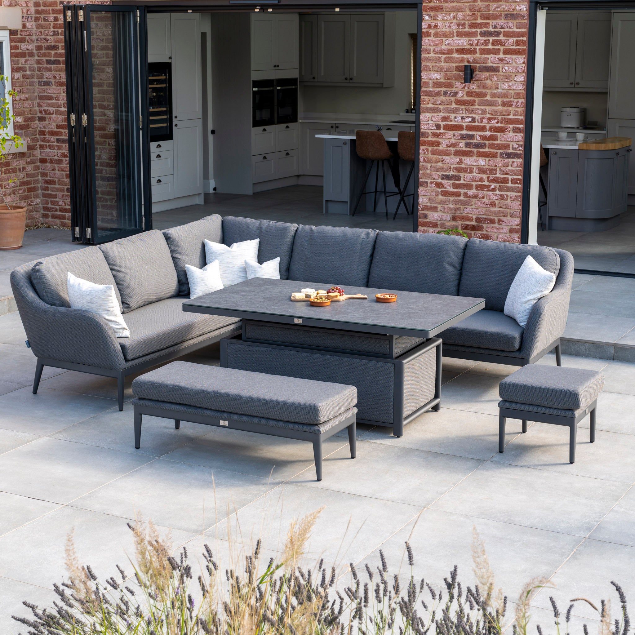 Luna Outdoor Fabric Rectangular Corner Dining Set with Rising Table in Grey (Left Hand)