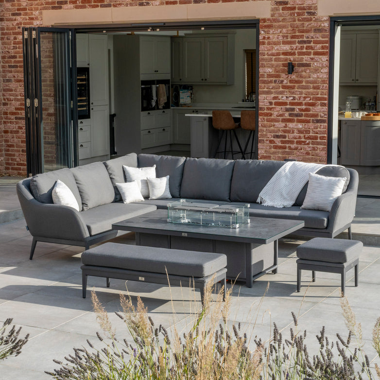 Luna Outdoor Fabric Rectangular Corner Dining Set with Rising Firepit Table in Grey (Left Hand)