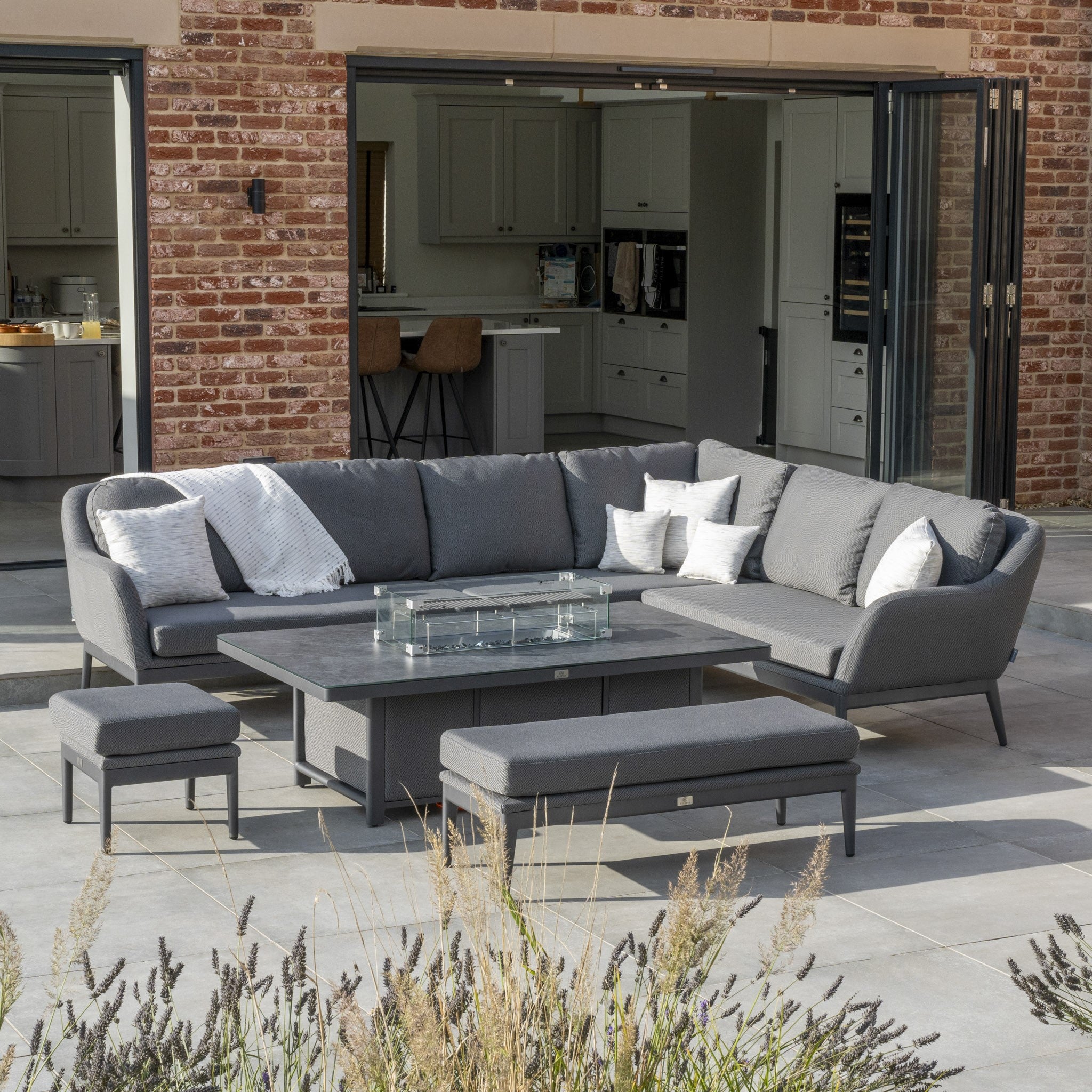 Luna Outdoor Fabric Rectangular Corner Dining Set with Rising Firepit Table in Grey (Right Hand)