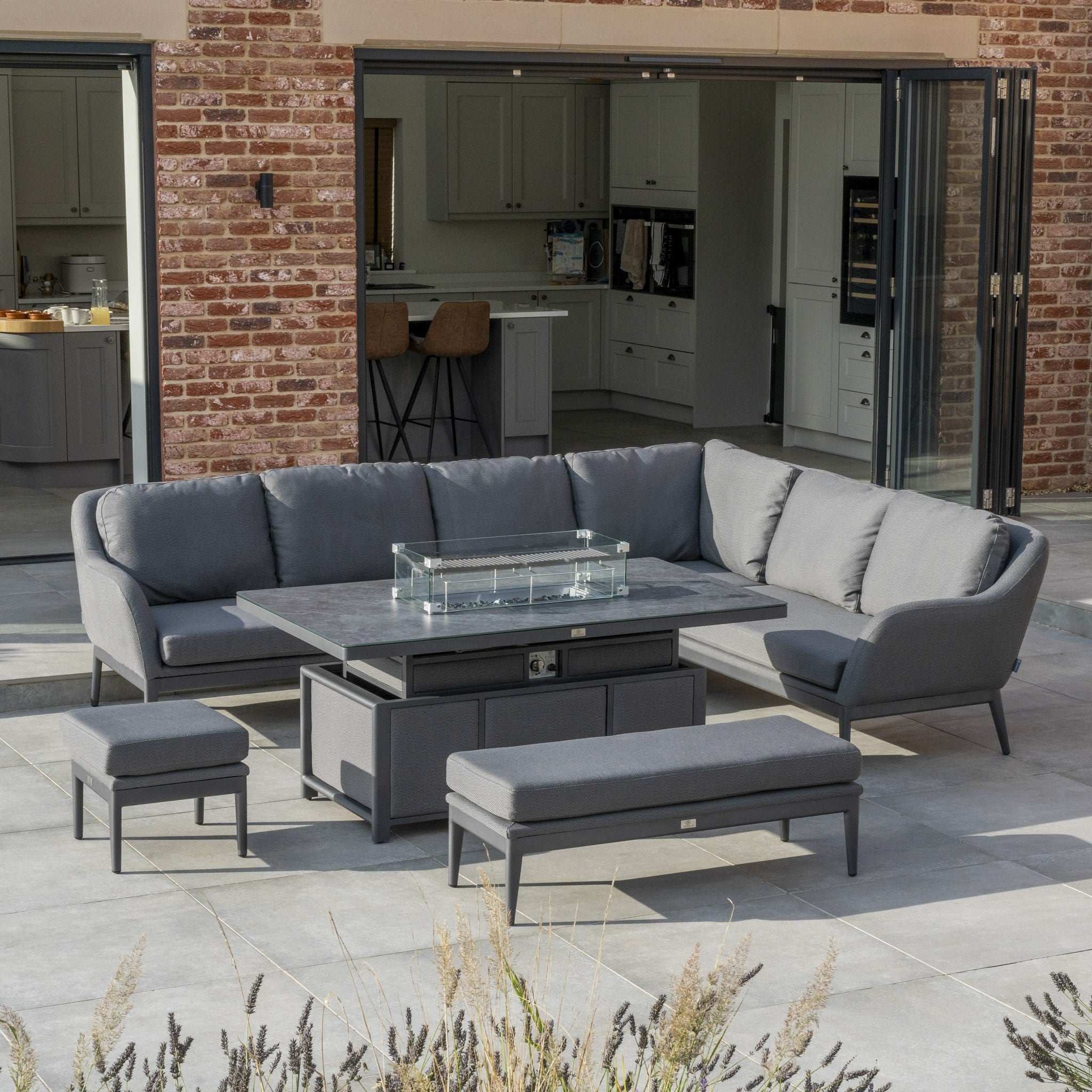 Luna Outdoor Fabric Rectangular Corner Dining Set with Rising Firepit Table in Grey (Right Hand)