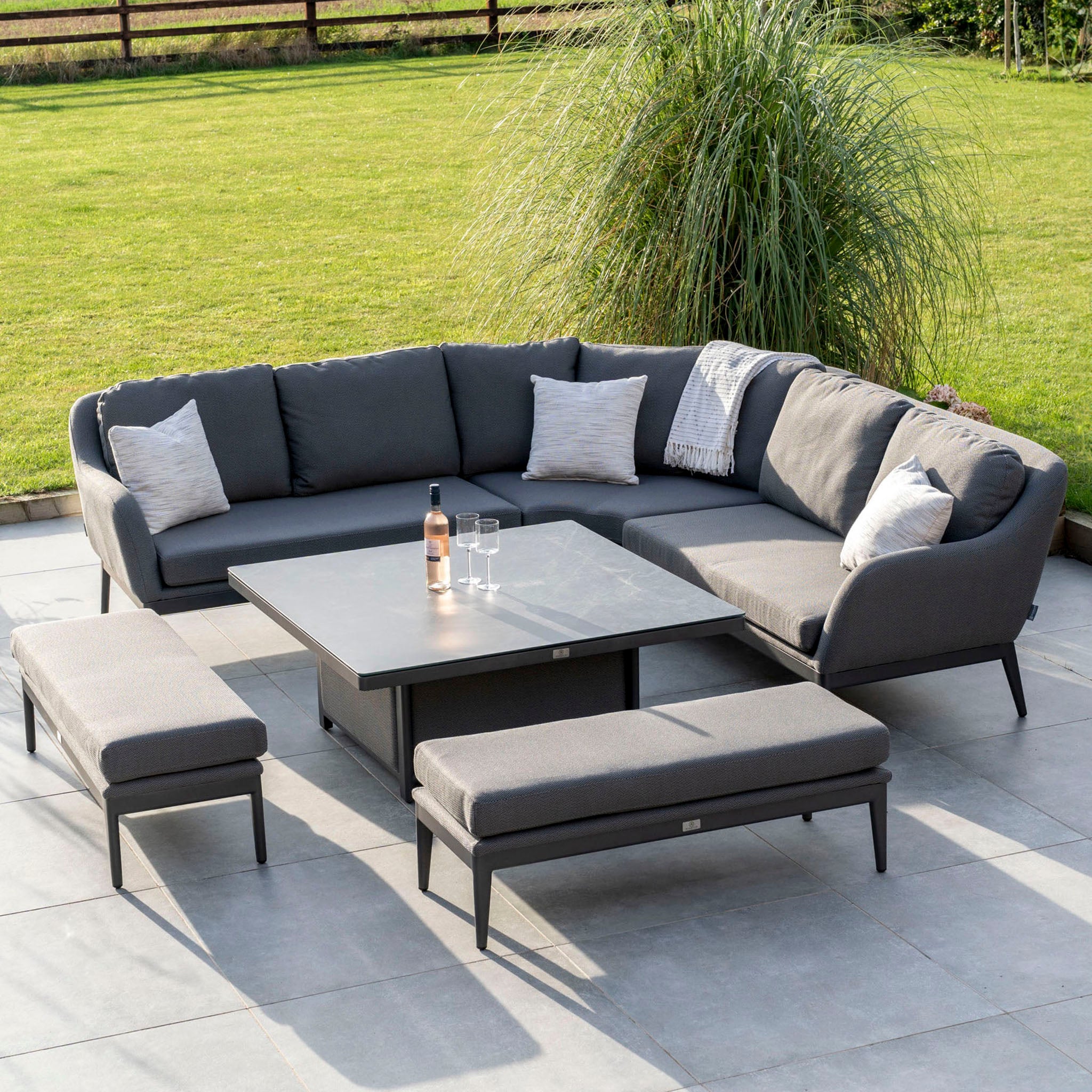 Luna Deluxe Outdoor Fabric Square Corner Dining Set with Rising Table in Grey
