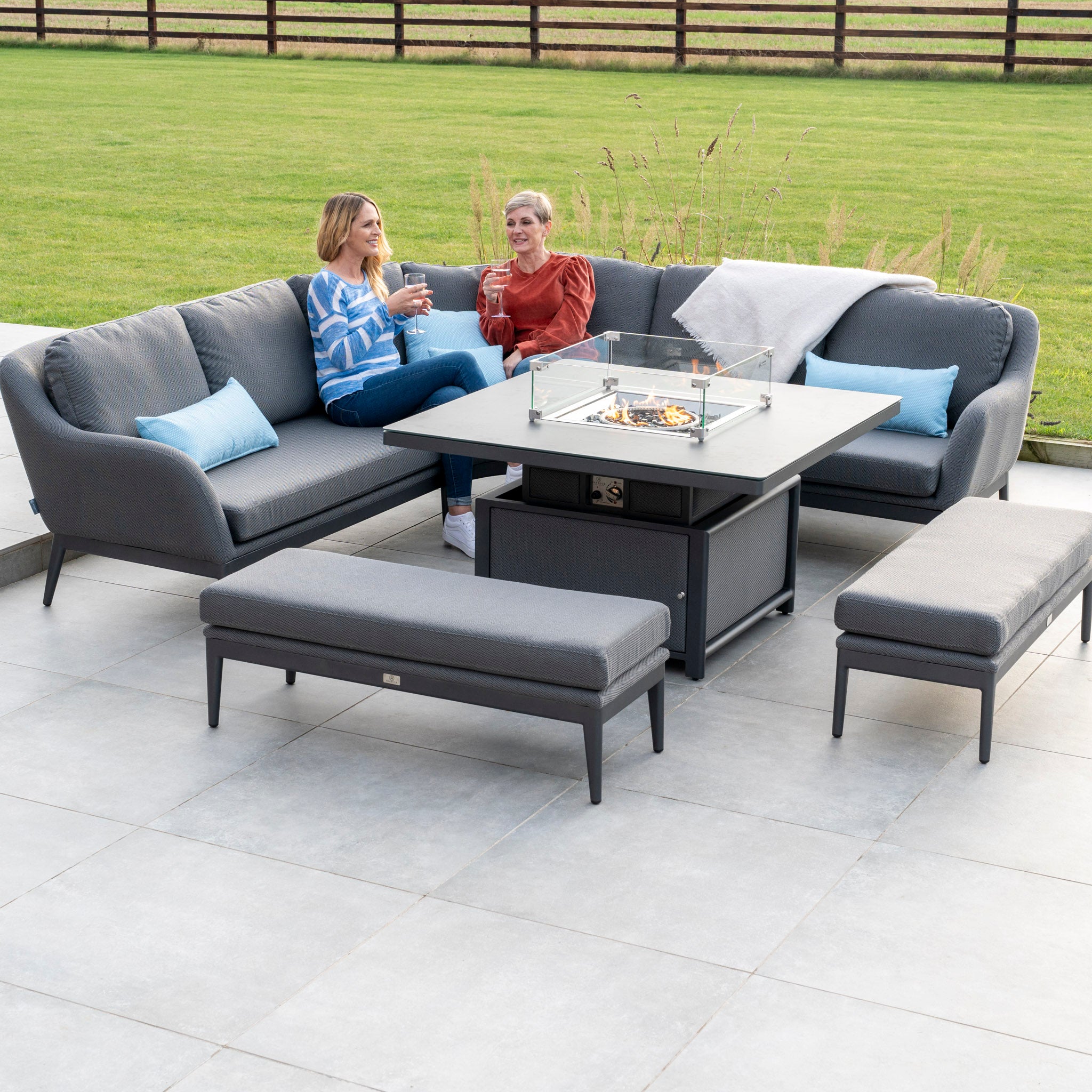 Luna Deluxe Outdoor Fabric Square Corner Dining Set with Rising Firepit Table in Grey