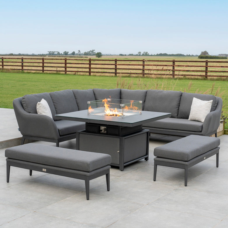 Luna Deluxe Outdoor Fabric Square Corner Dining Set with Rising Firepit Table in Grey
