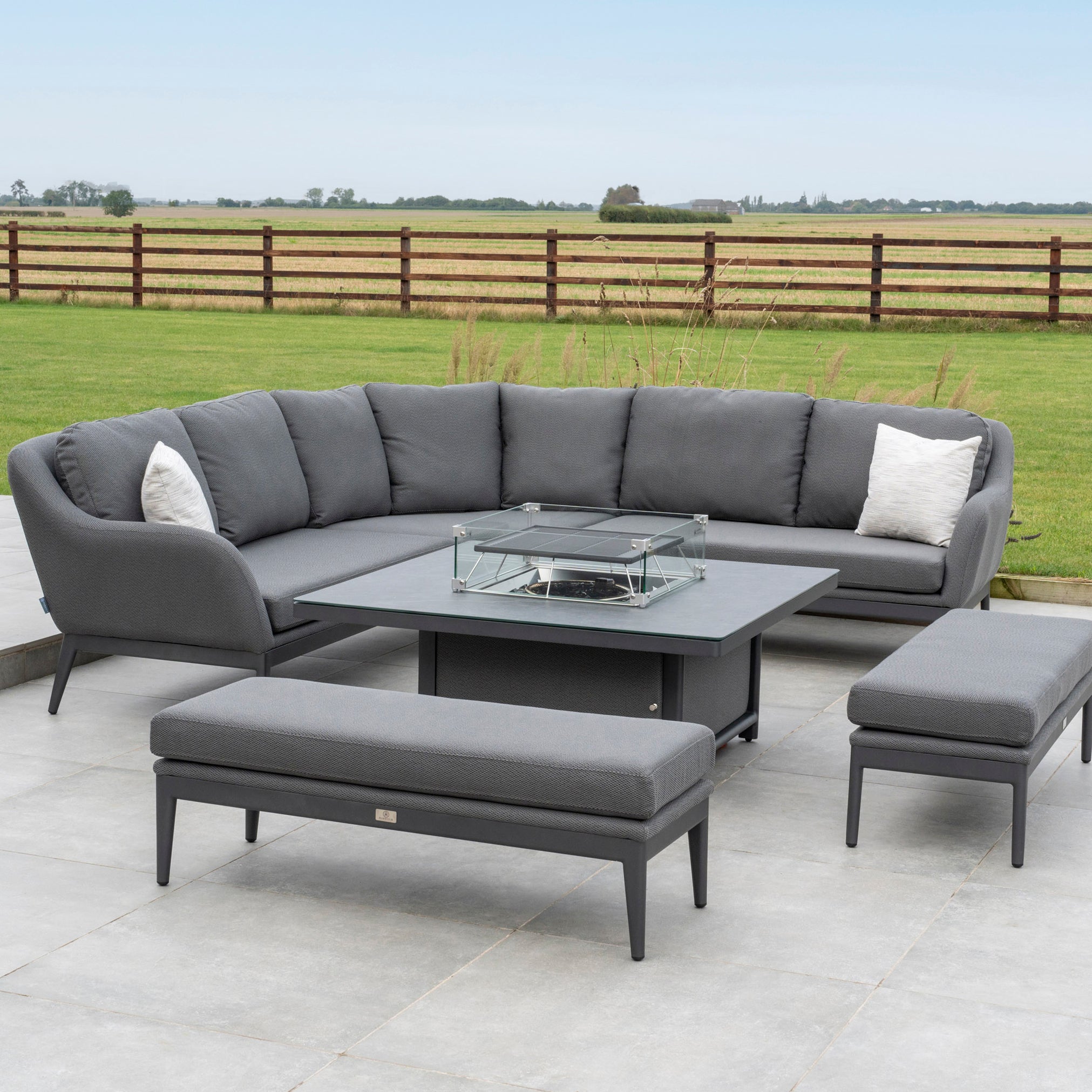Luna Deluxe Outdoor Fabric Square Corner Dining Set with Rising Firepit Table in Grey
