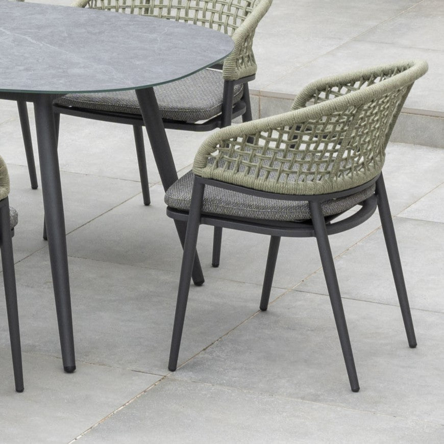 Kalama 6 Seat Rope Oval Dining Set with Ceramic Table in Olive Green