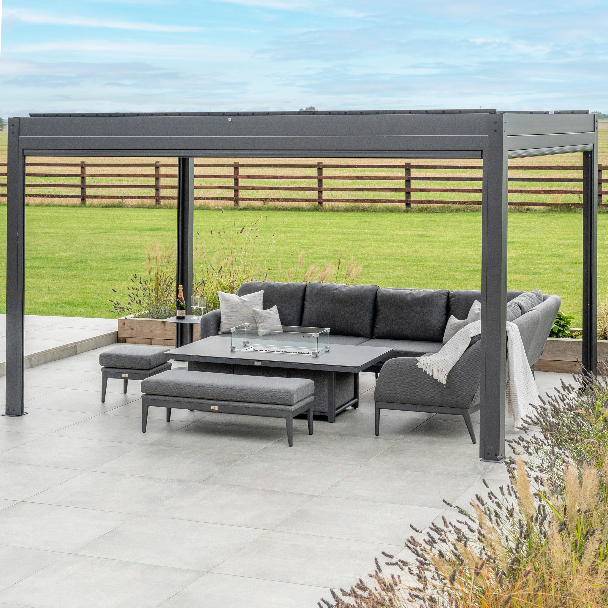 PergoSTET 3m x 4m Rectangular Pergola with 3 Drop Sides and LED Lighting in Grey