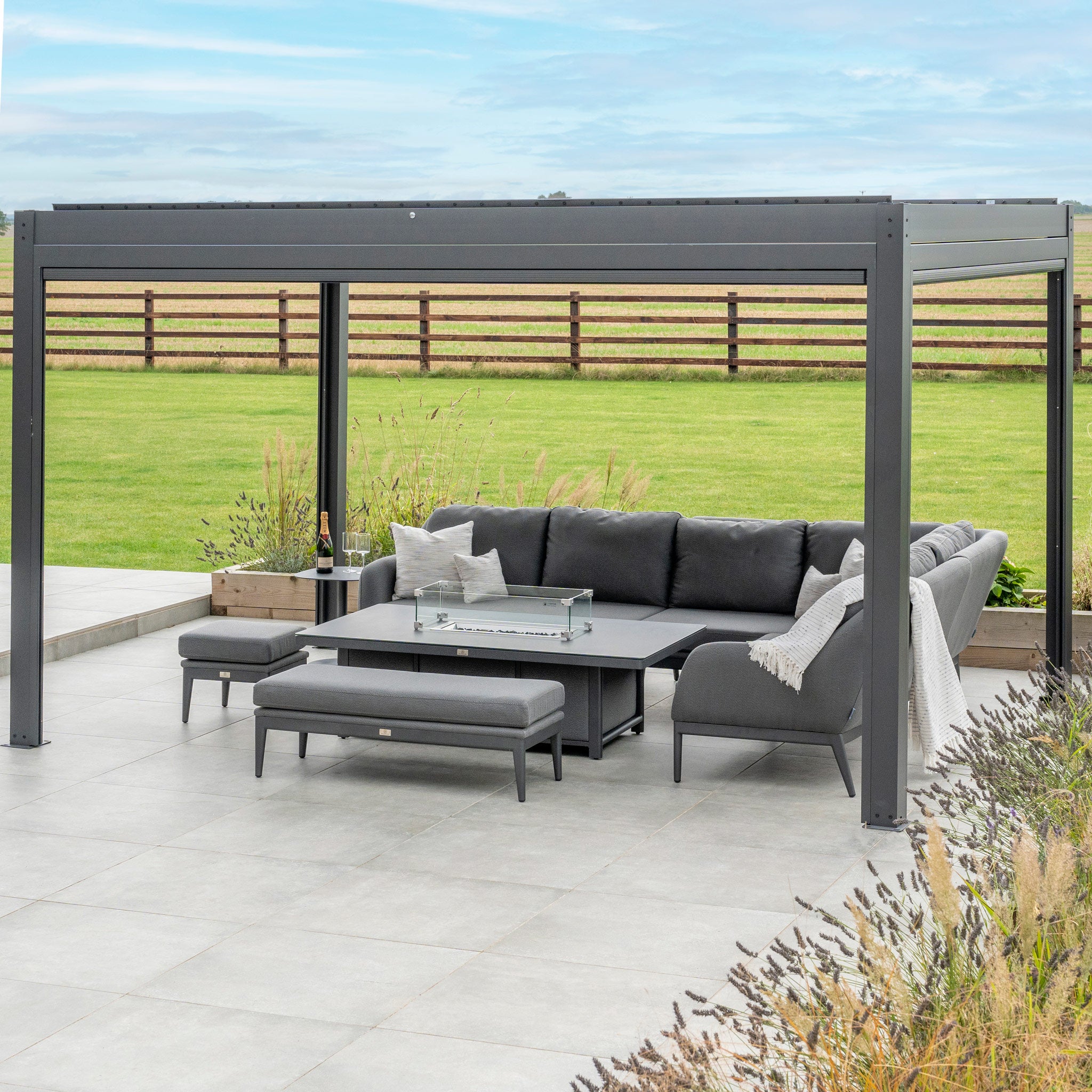 Luna Outdoor Fabric Rectangular Corner Dining Set with Rising Firepit Table in Grey (Right Hand)