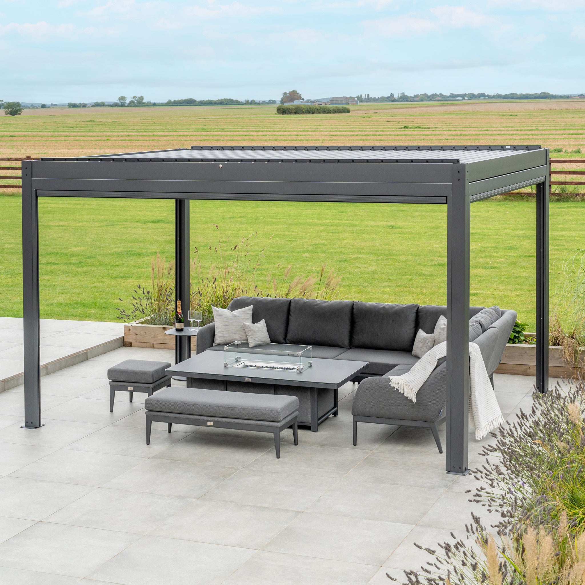 Luna Outdoor Fabric Rectangular Corner Dining Set with Rising Firepit Table in Grey (Right Hand)