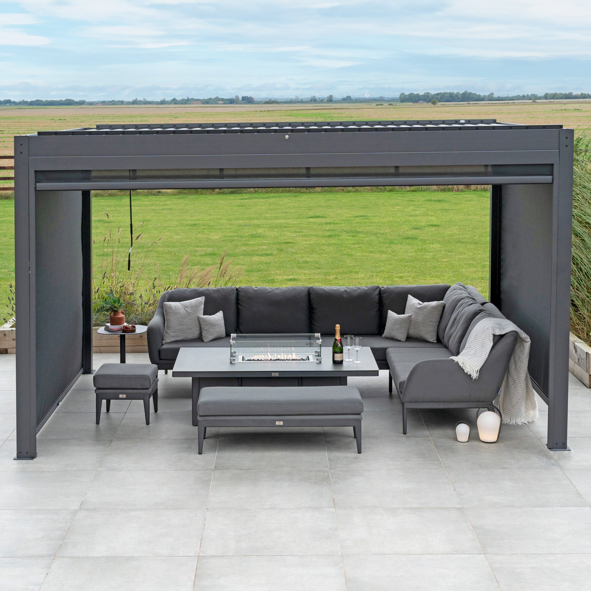 PergoSTET 3m x 4m Rectangular Pergola with 3 Drop Sides and LED Lighting in Grey
