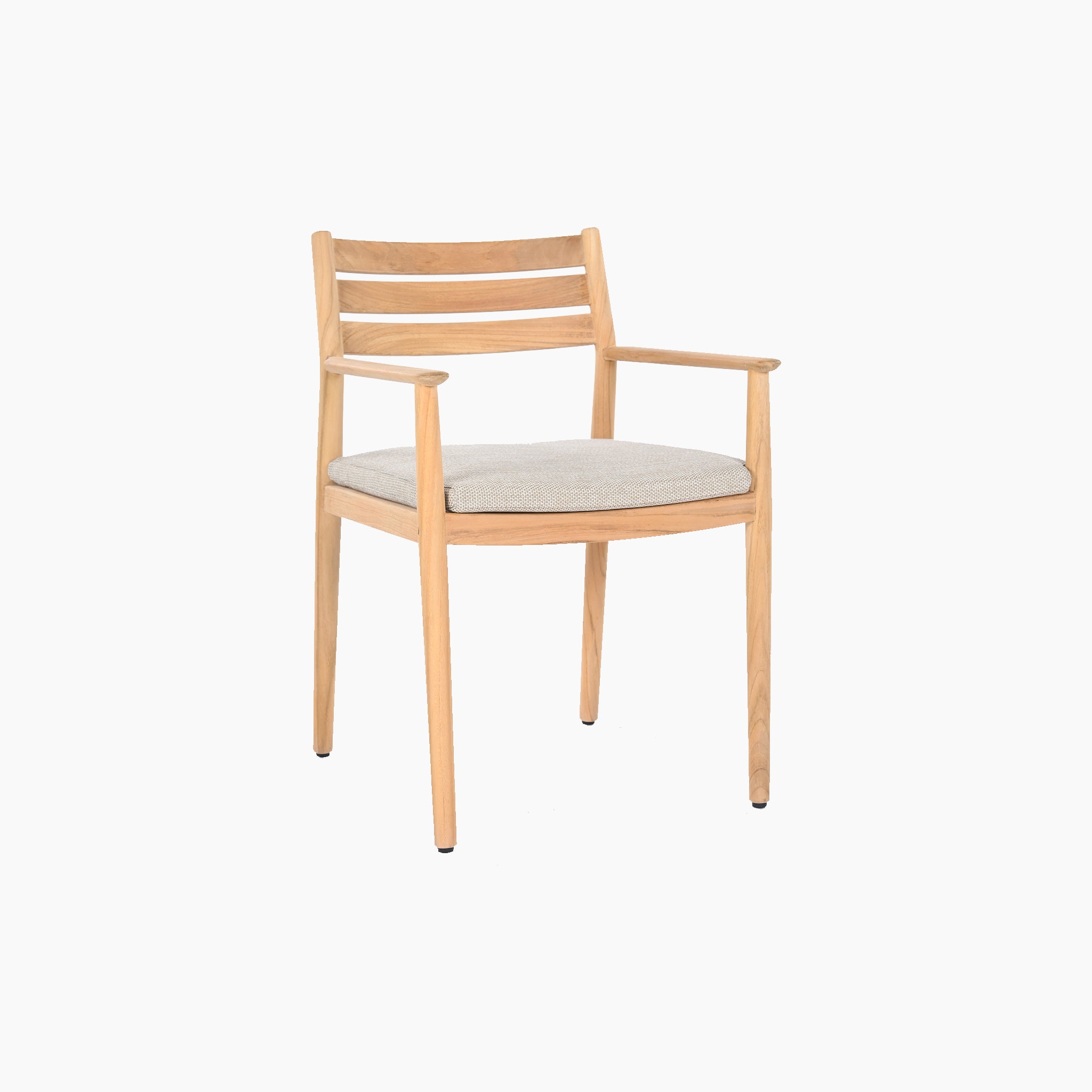 Slatted back teak dining chair with armrests and beige cushioned seat, ideal for any Siena 8 Seat Rope Dining Set with Teak Table in Fawn. Presented on a white background.