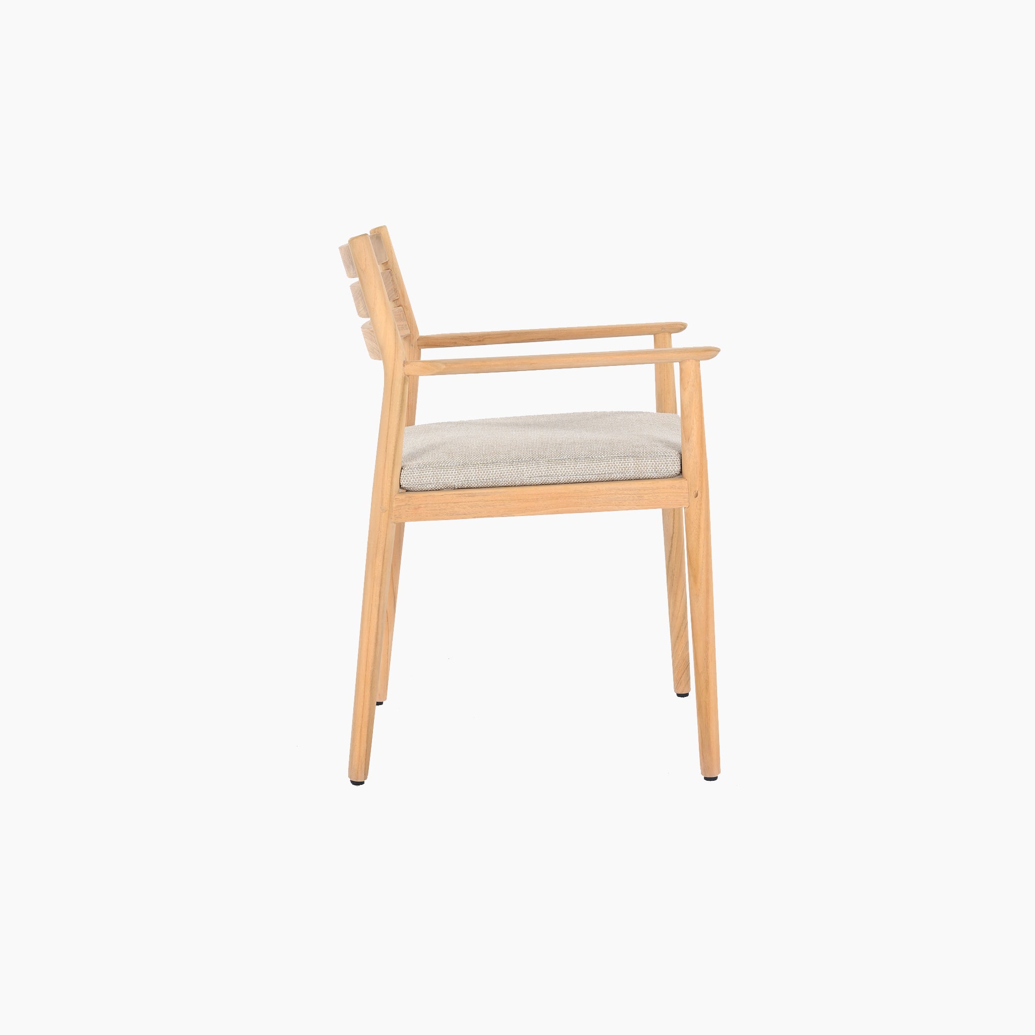 The Siena 8 Seat Rope Dining Set with Teak Table in Fawn features a wooden chair with a beige cushion, elegantly displayed from the side against a white background.
