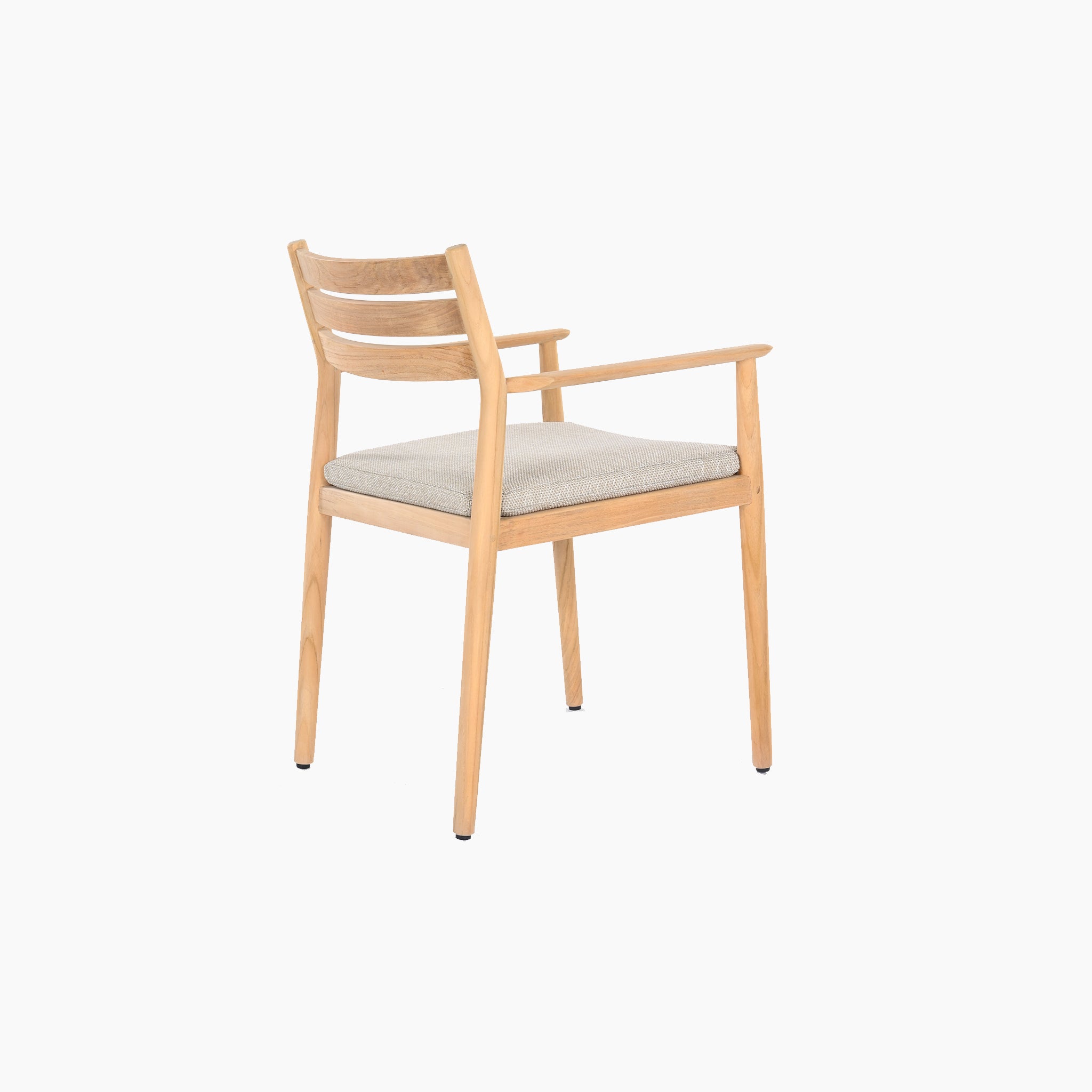 Outdoor furniture showcasing a wooden chair with a light grey cushioned seat and slatted backrest, similar to the Siena 8 Seat Rope Dining Set with Teak Table in Fawn, viewed from the rear side.