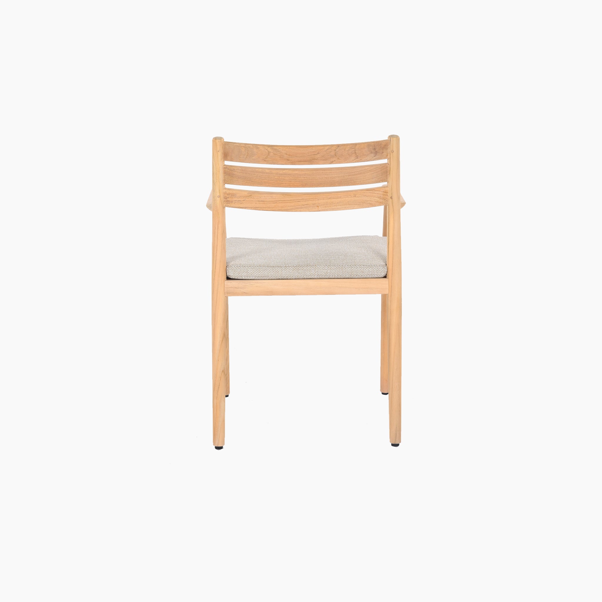 The Siena 8 Seat Rope Dining Set with Teak Table in Fawn includes a wooden chair with a light gray cushioned seat, elegantly displayed against a plain white background.