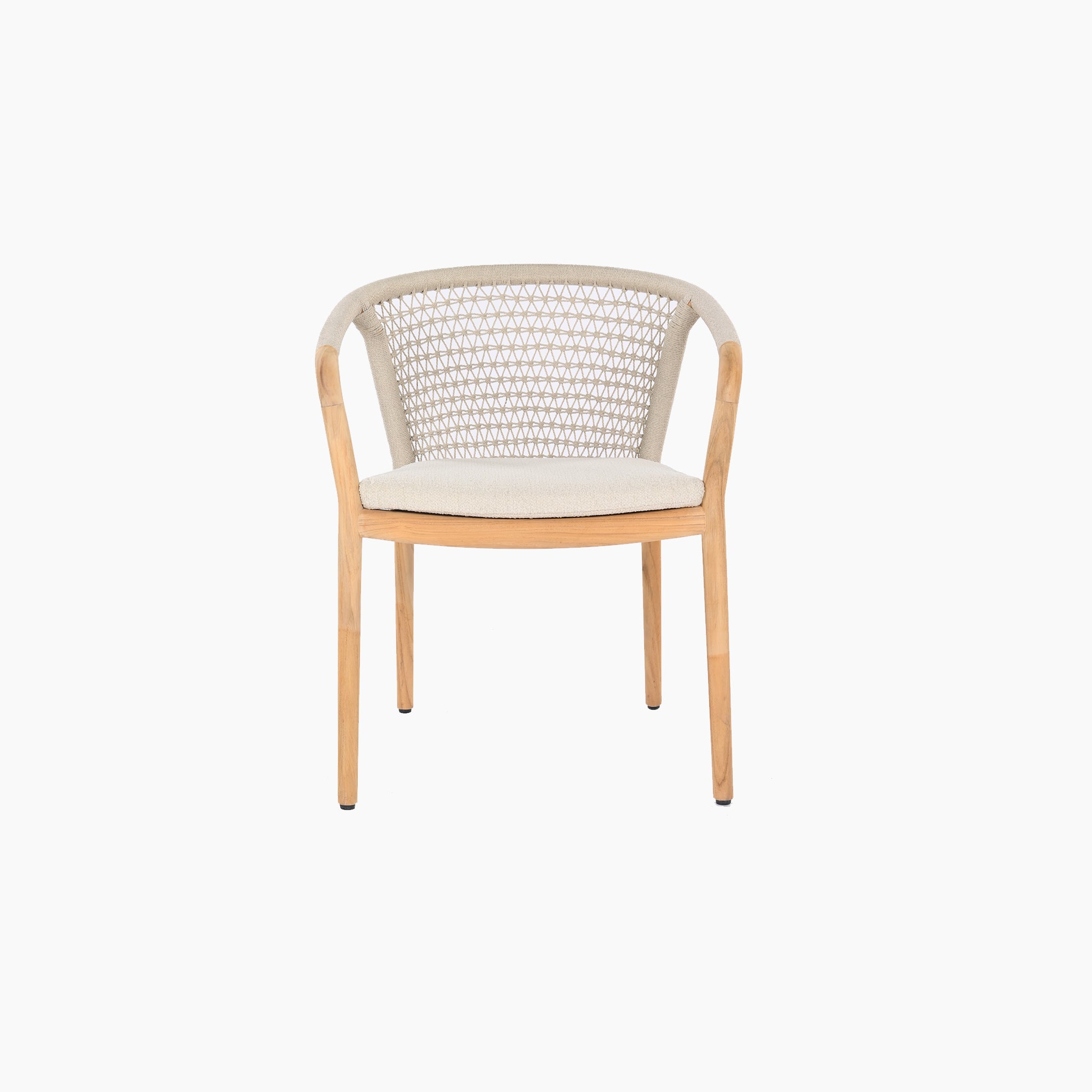 The Sora 8 Seat Rope Dining Set with Teak Table in Stone showcases premium craftsmanship, featuring a wooden chair with a handcrafted rope weave backrest and a light-colored cushion seat, viewed from the front.