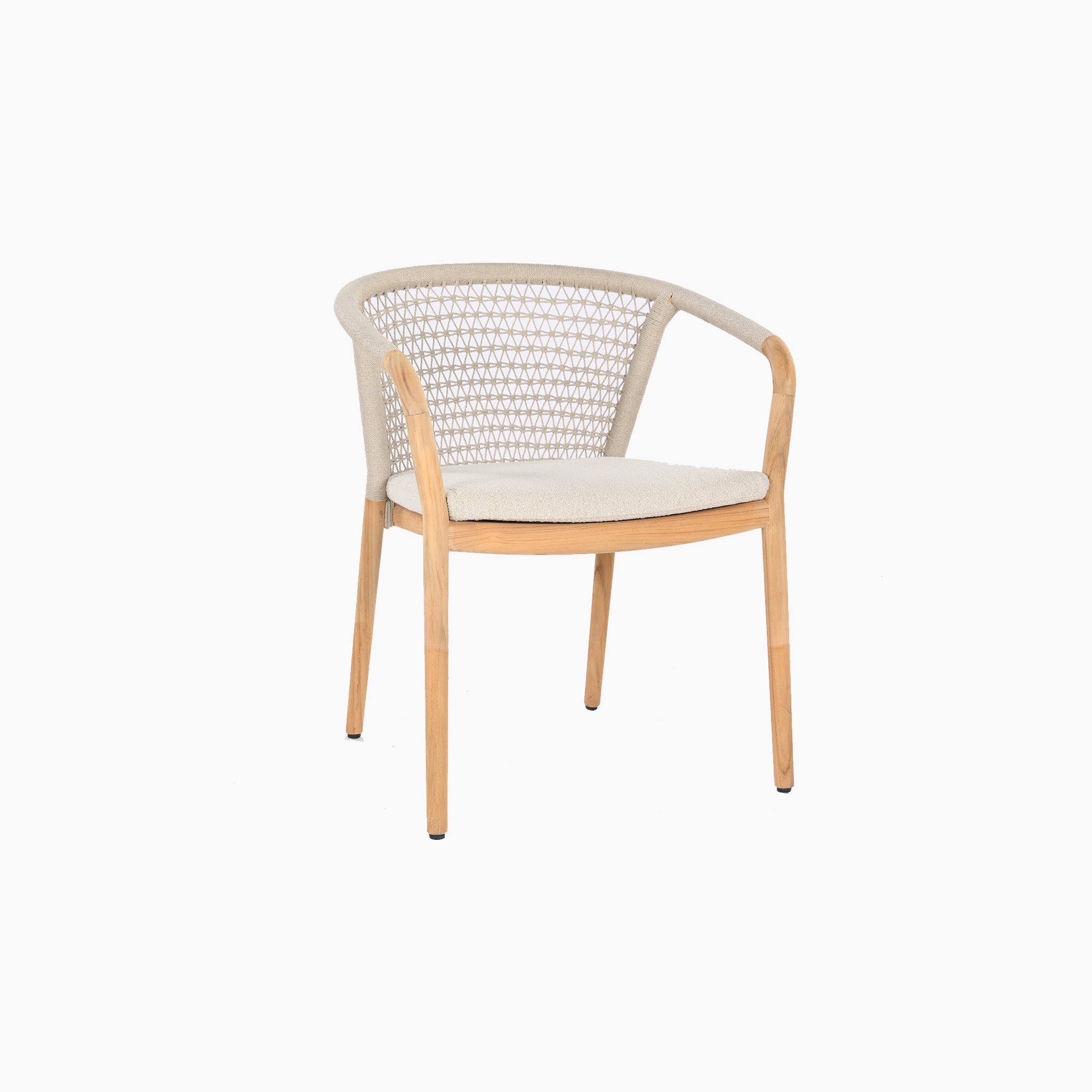 The Sora 8 Seat Rope Dining Set features a modern chair with a wooden frame and handcrafted rope weave backrest, showcased on a white background.