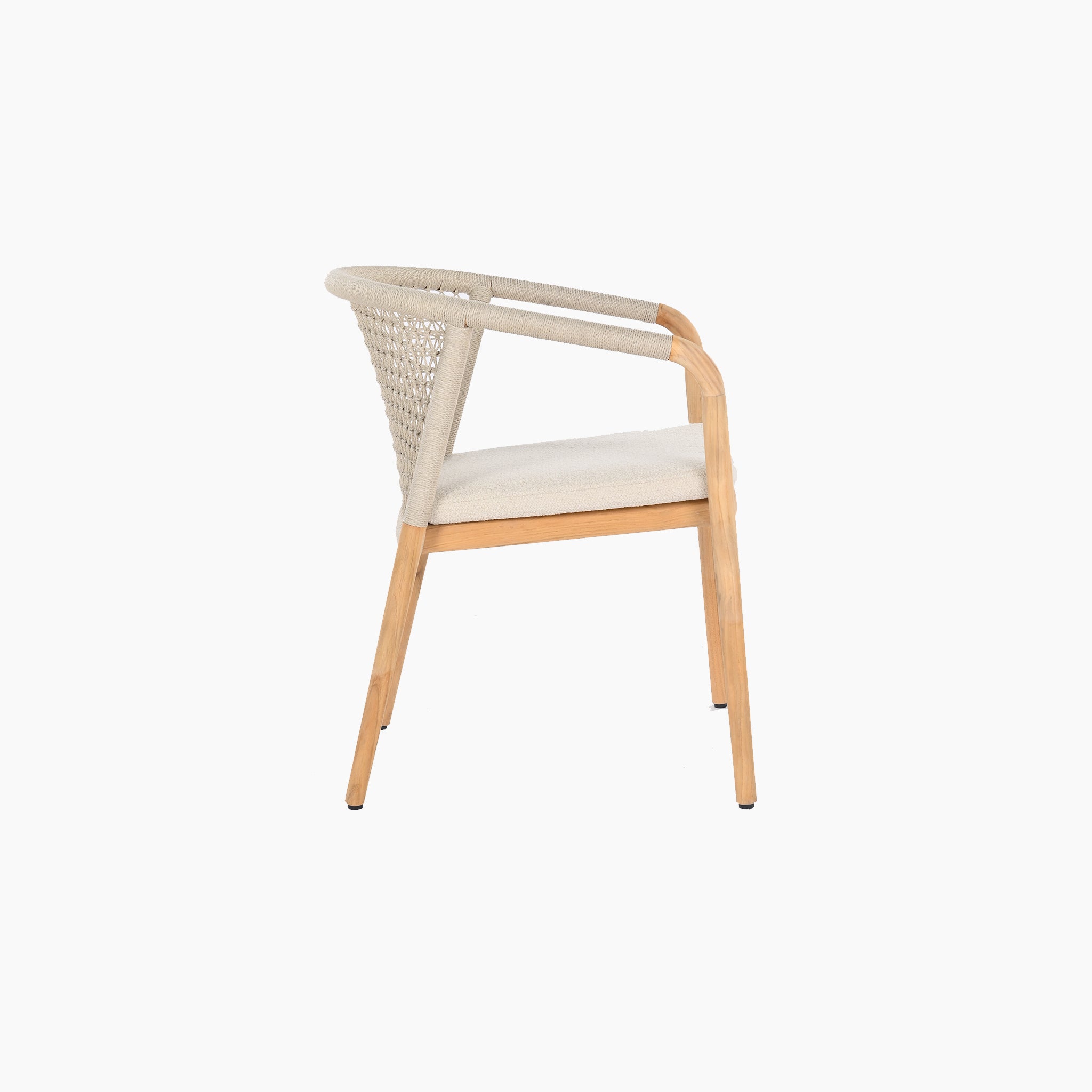 A modern Sora light wood chair with a handcrafted rope weave backrest and light fabric seat, viewed from the side.