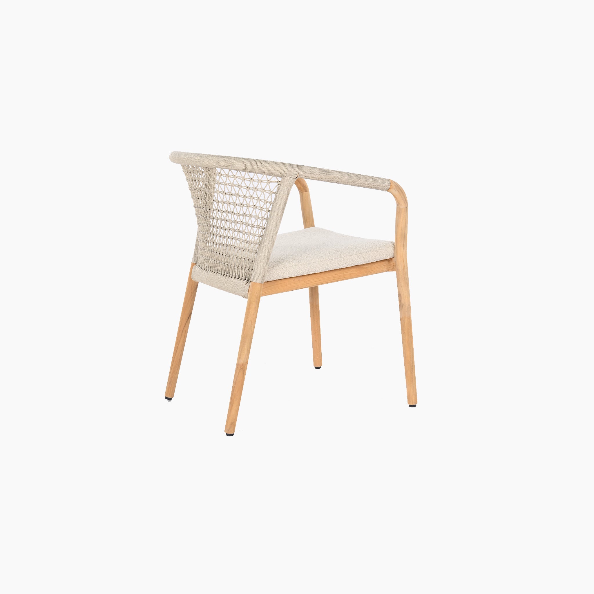 The Sora 8 Seat Rope Dining Set features a wooden chair with a handcrafted rope weave backrest, beige cushioned seat, and is expertly designed to complement the Teak Table in Stone. The set is photographed from the rear on a white background, ideal for outdoor dining.