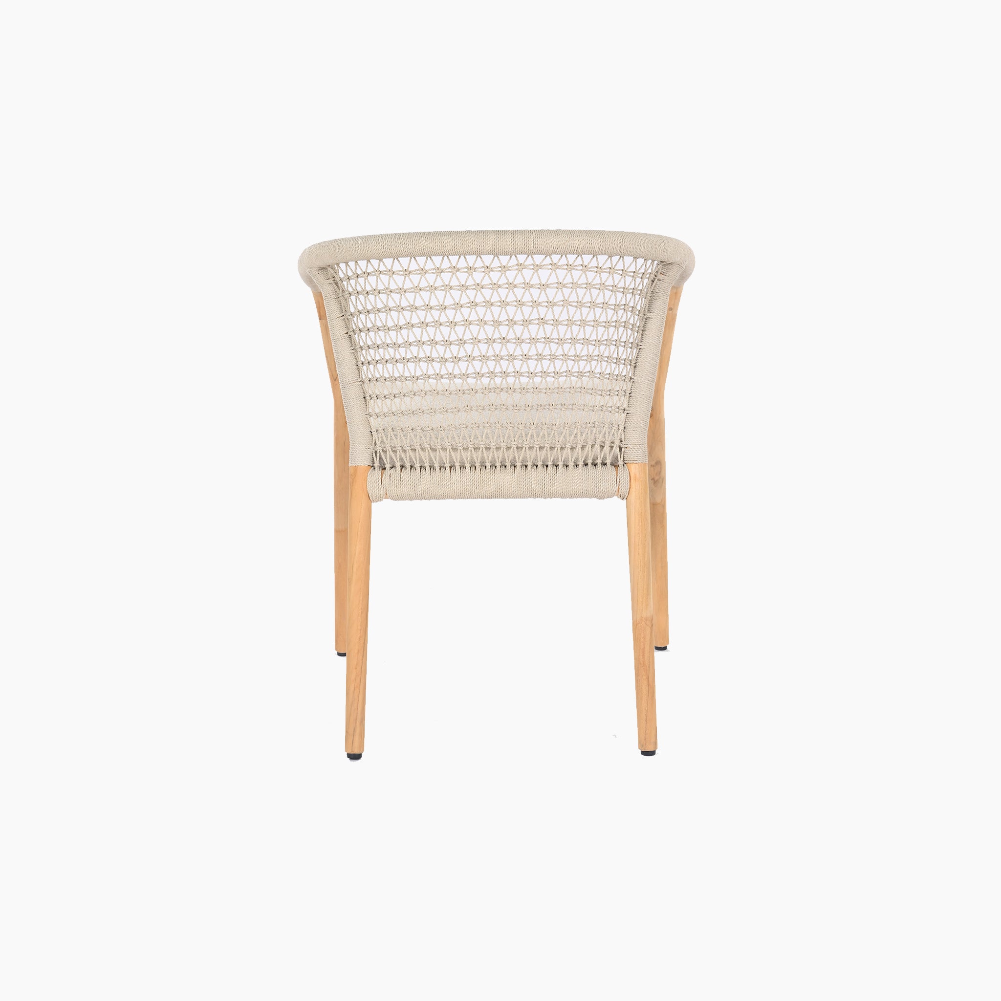 Front view of the Sora 8 Seat Rope Dining Set, showcasing handcrafted rope weaving and wooden legs, a beige curved backrest, and an elegant touch with a Teak Table in Stone.