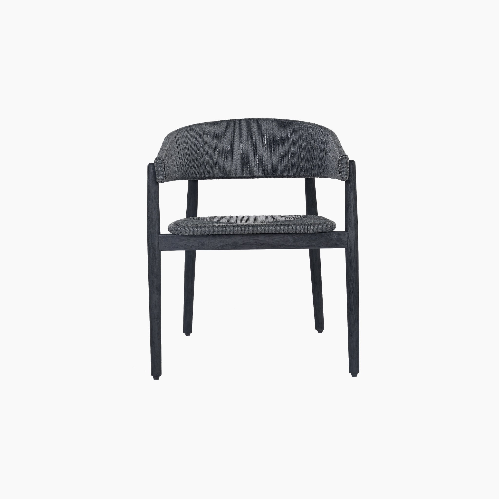 The Lucca 6 Seat Dining Set, in minimalist black with a hand-woven wicker backrest and seat, is displayed elegantly against a white background.