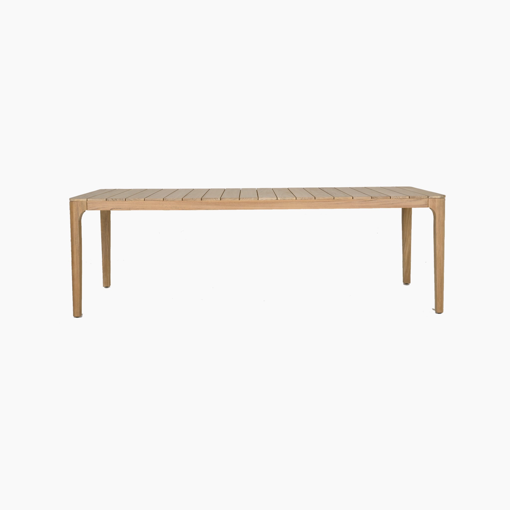 The Sora 8 Seat Rope Dining Set features a teak table in Stone with a slatted top and four sturdy legs, ideal for any space, displayed against a white background.