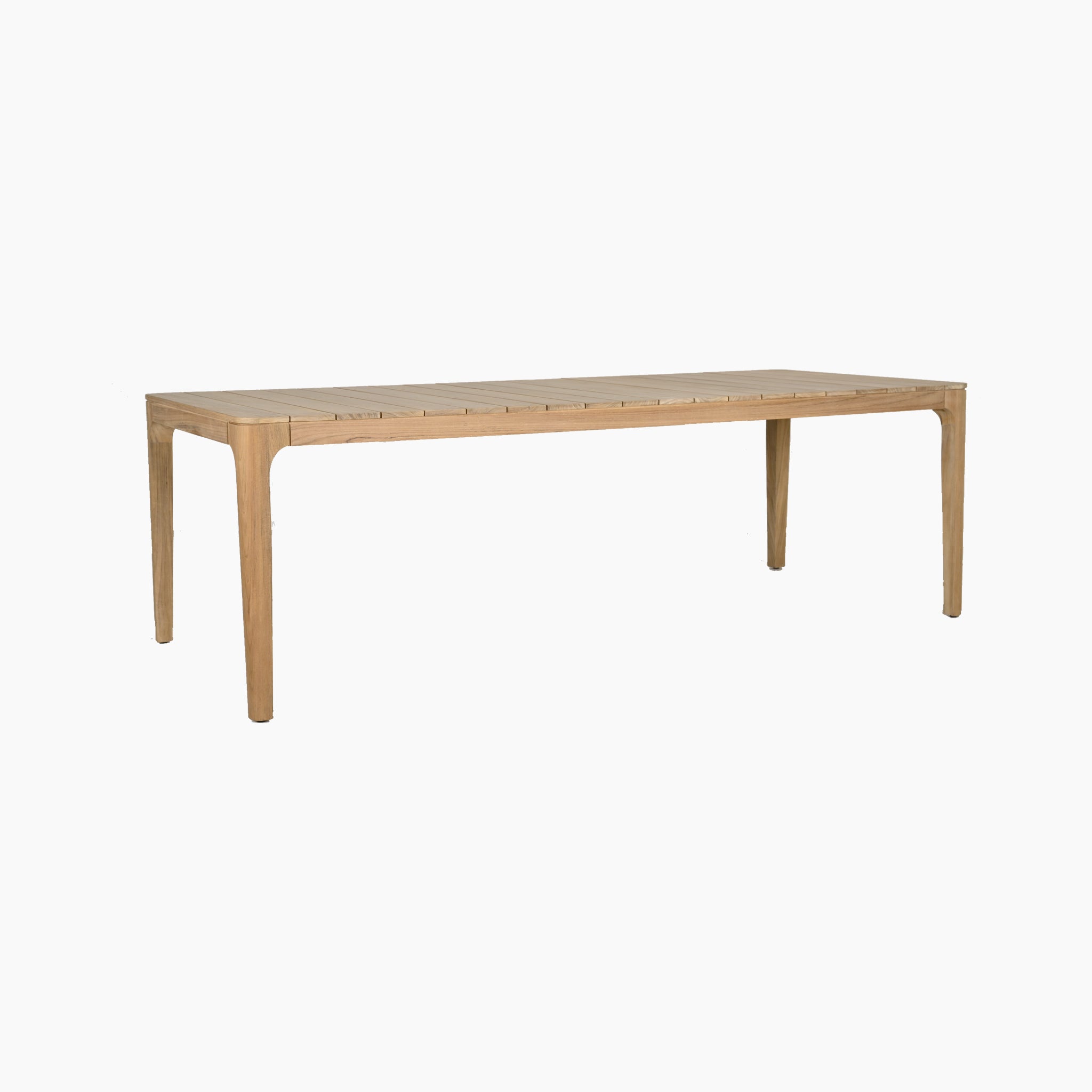 The Sora 8 Seat Rope Dining Set features a teak table in stone, showcasing a minimalist design and smooth, tapered legs.