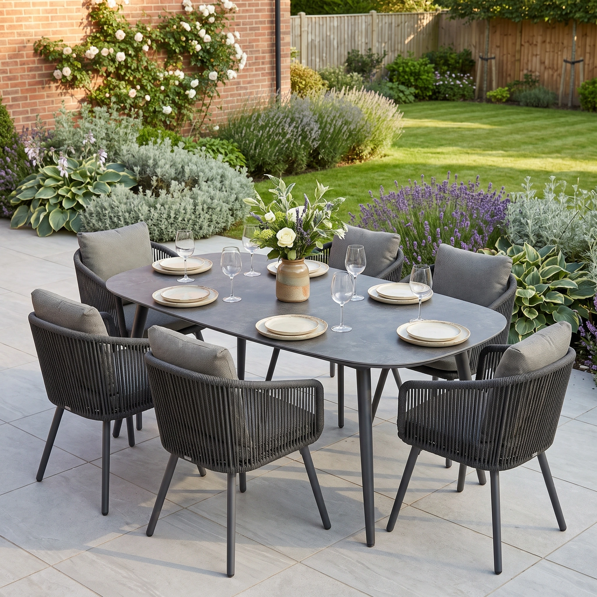 The Dekota 6 Seat Dining Set with Albatross Oval Dining Table in Charcoal, featuring sleek rope dining chairs and a durable sintered stone tabletop, sits on a patio surrounded by lush garden plants and flowers.