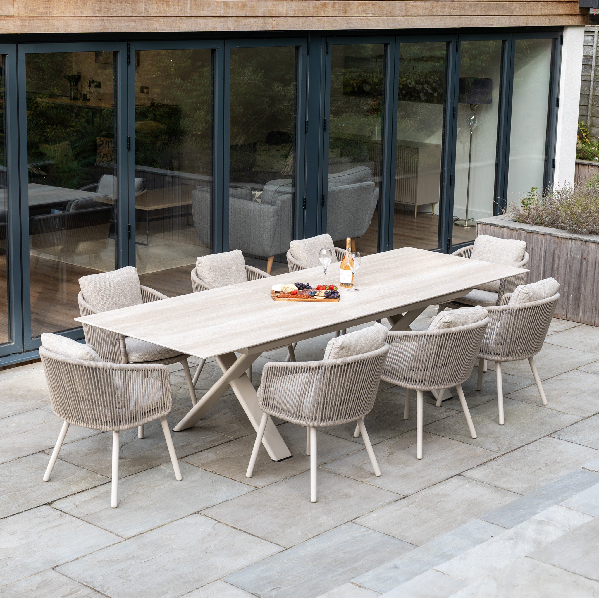 Dekota 8 Seat Rope Dining Set with Albatross Ceramic Extending Table in Fawn