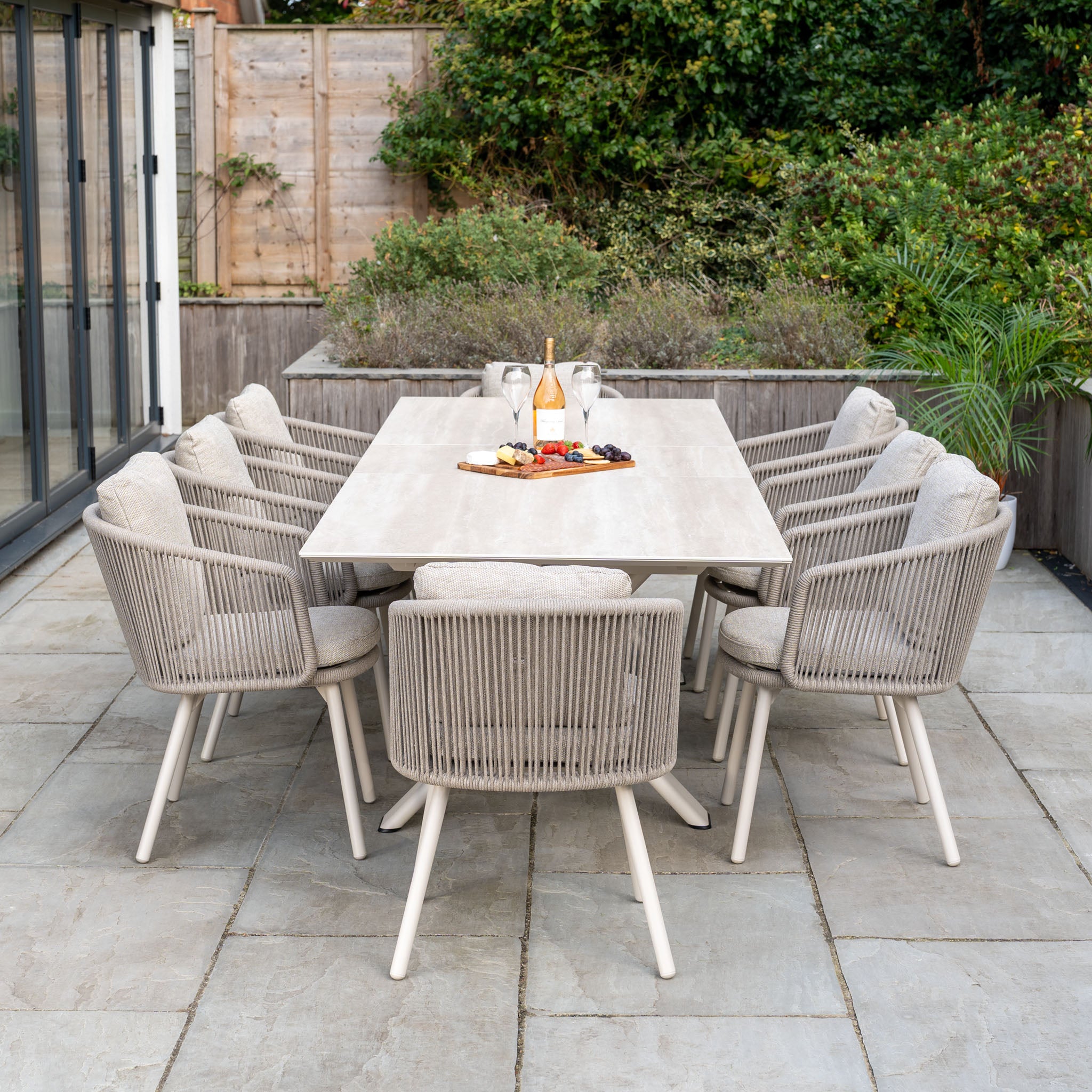 Dekota 8 Seat Rope Dining Set with Albatross Ceramic Extending Table in Fawn