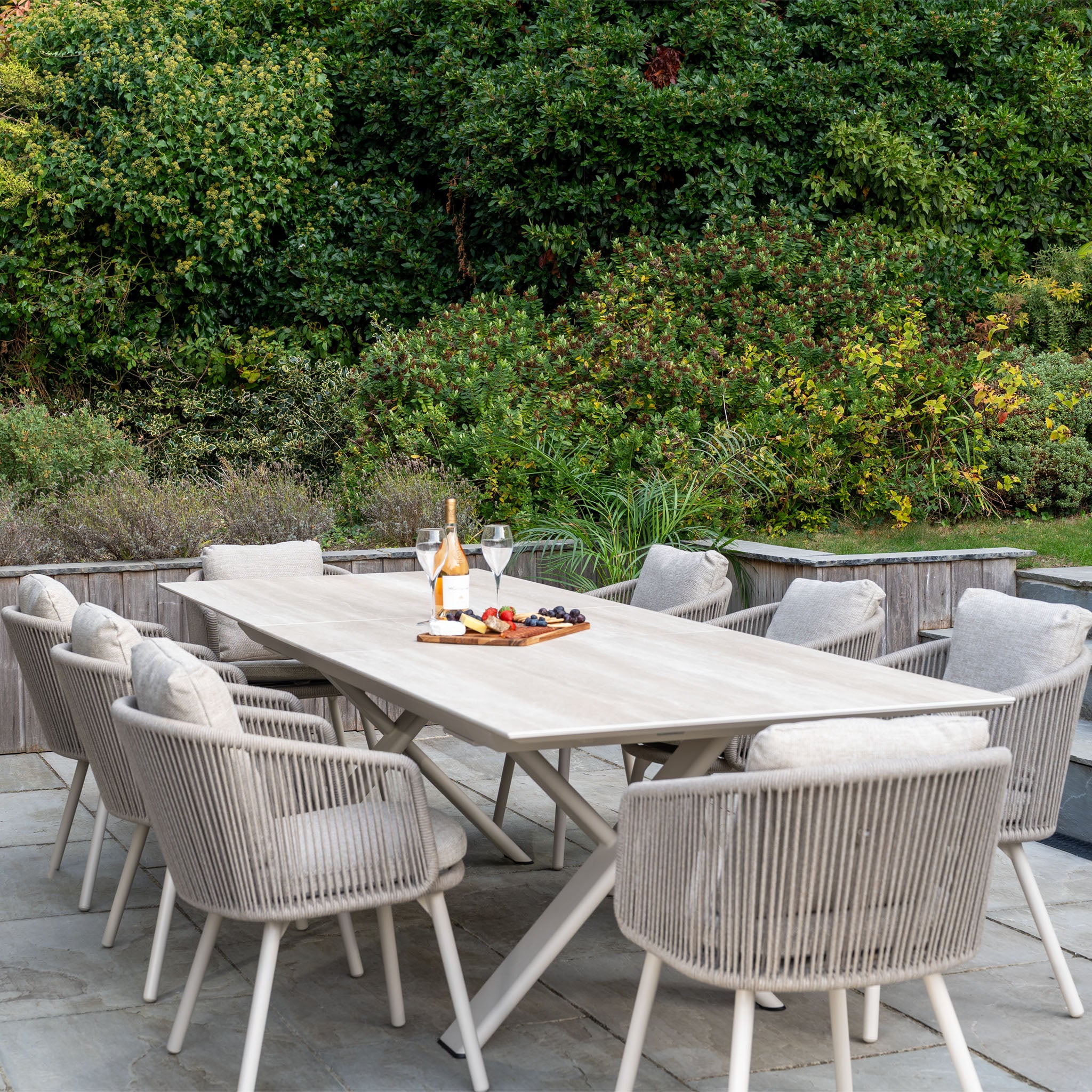 Dekota 8 Seat Rope Dining Set with Albatross Ceramic Extending Table in Fawn