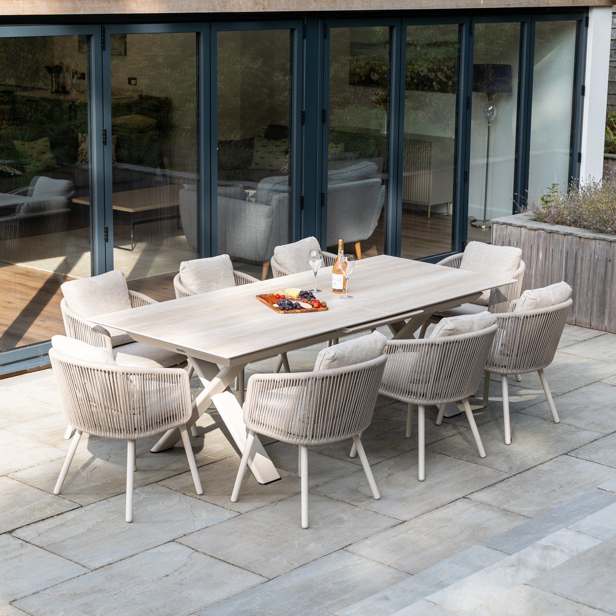 Dekota 8 Seat Rope Dining Set with Albatross Ceramic Extending Table in Fawn
