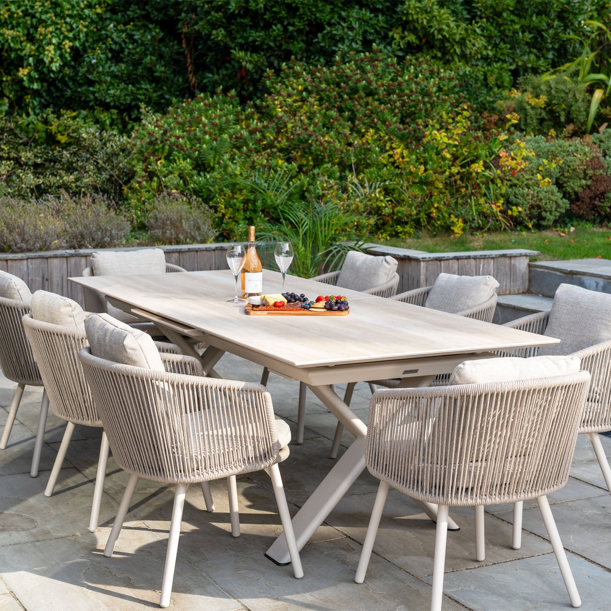 Dekota 8 Seat Rope Dining Set with Albatross Ceramic Extending Table in Fawn