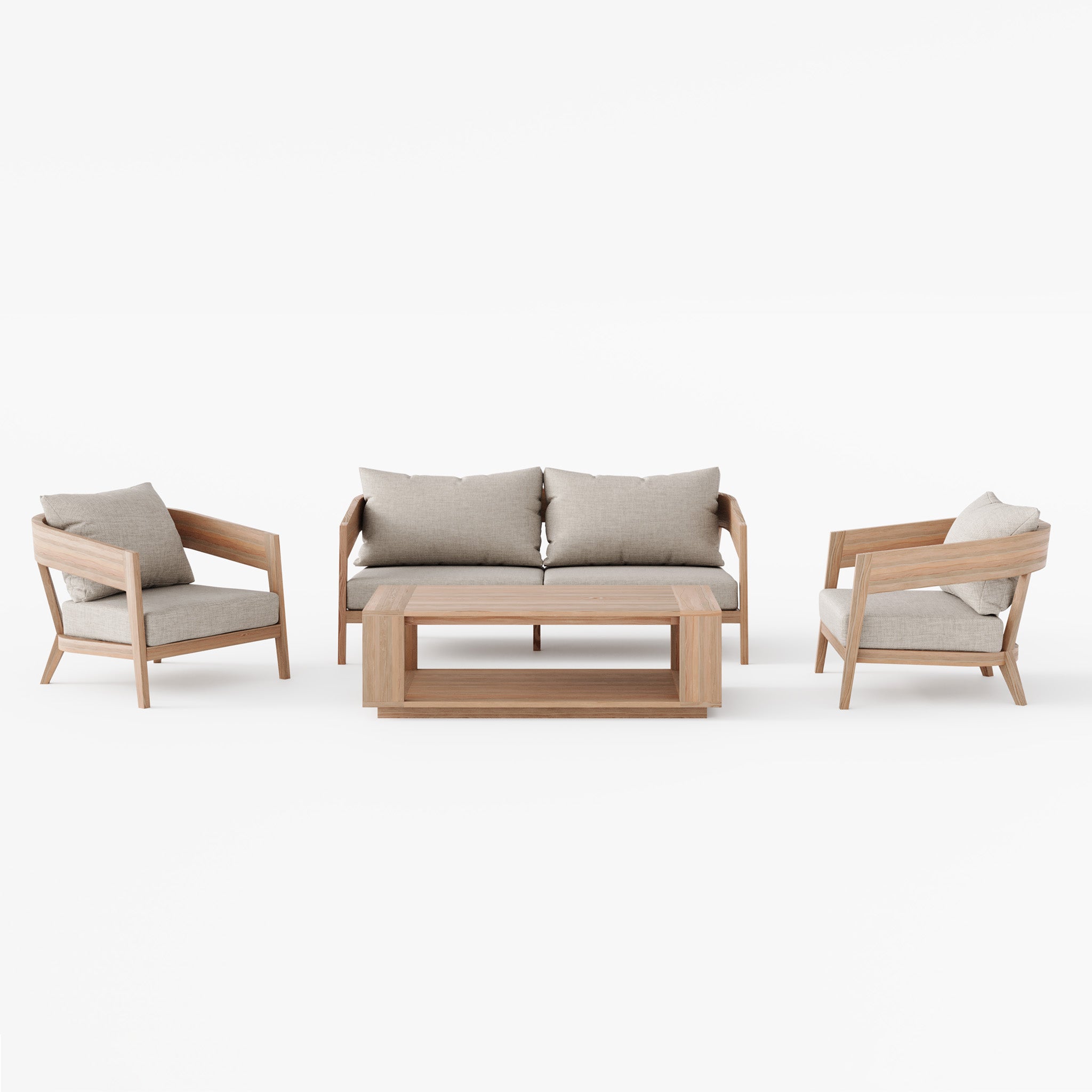 Enhance your outdoor space with the Enna 3 Seat Sofa Set with Coffee Table in Fawn, featuring elegant craftsmanship in high-grade teak. This set includes a sofa, two armchairs, and a rectangular coffee table for added style and sophistication.