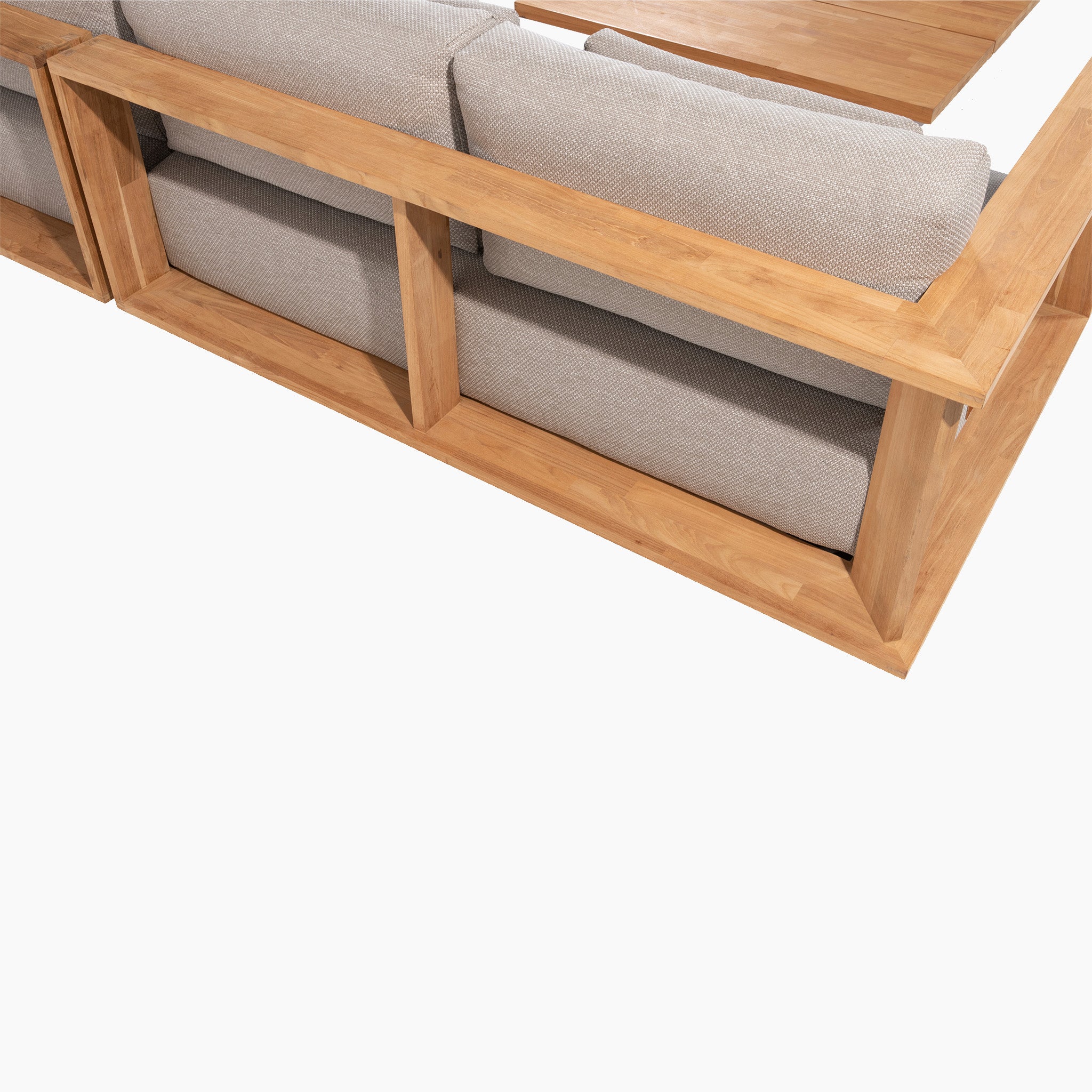 Rear view of the Eternity Right Hand Teak Corner Group in Light Grey, a wooden-framed sectional sofa with gray extra thick lounge cushions on both the backrest and seating areas.