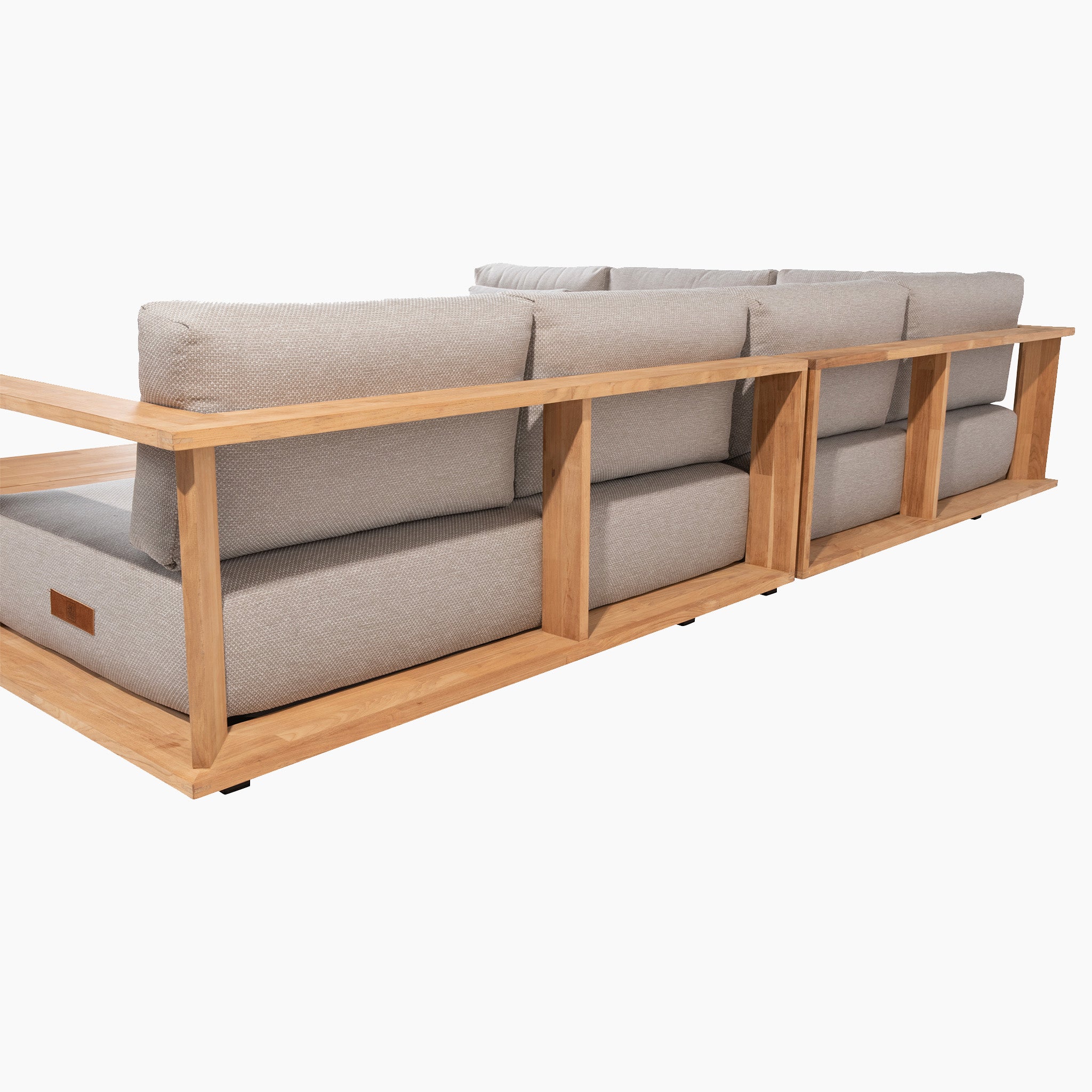 Back view of a light gray cushioned sofa with a wooden frame, part of the elegant Eternity Left Hand Teak Corner Group in Light Grey.