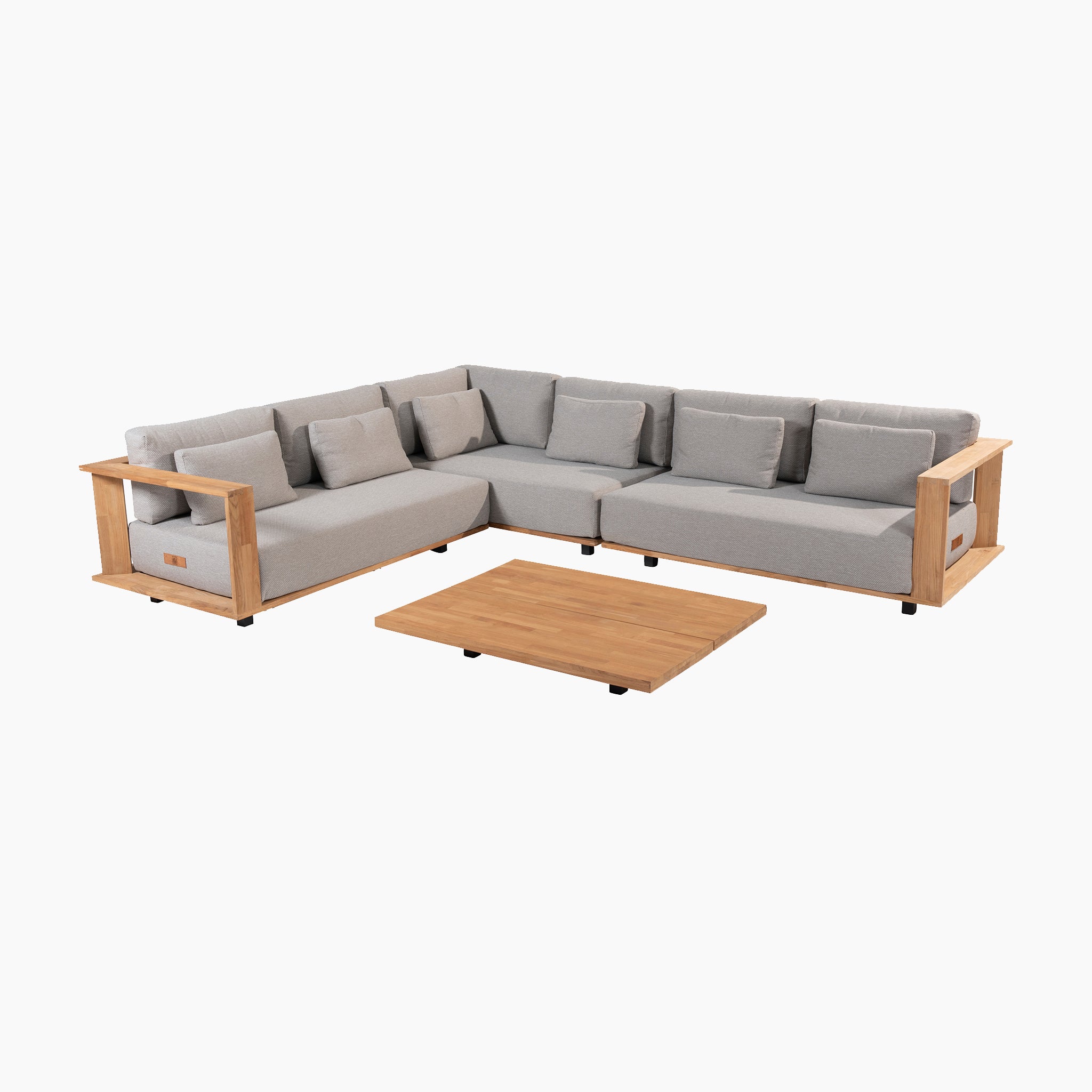 Eternity Left Hand Teak Corner Group in Light Grey with wooden armrests and lounge cushions, paired with an adjacent low wooden coffee table on a white background.