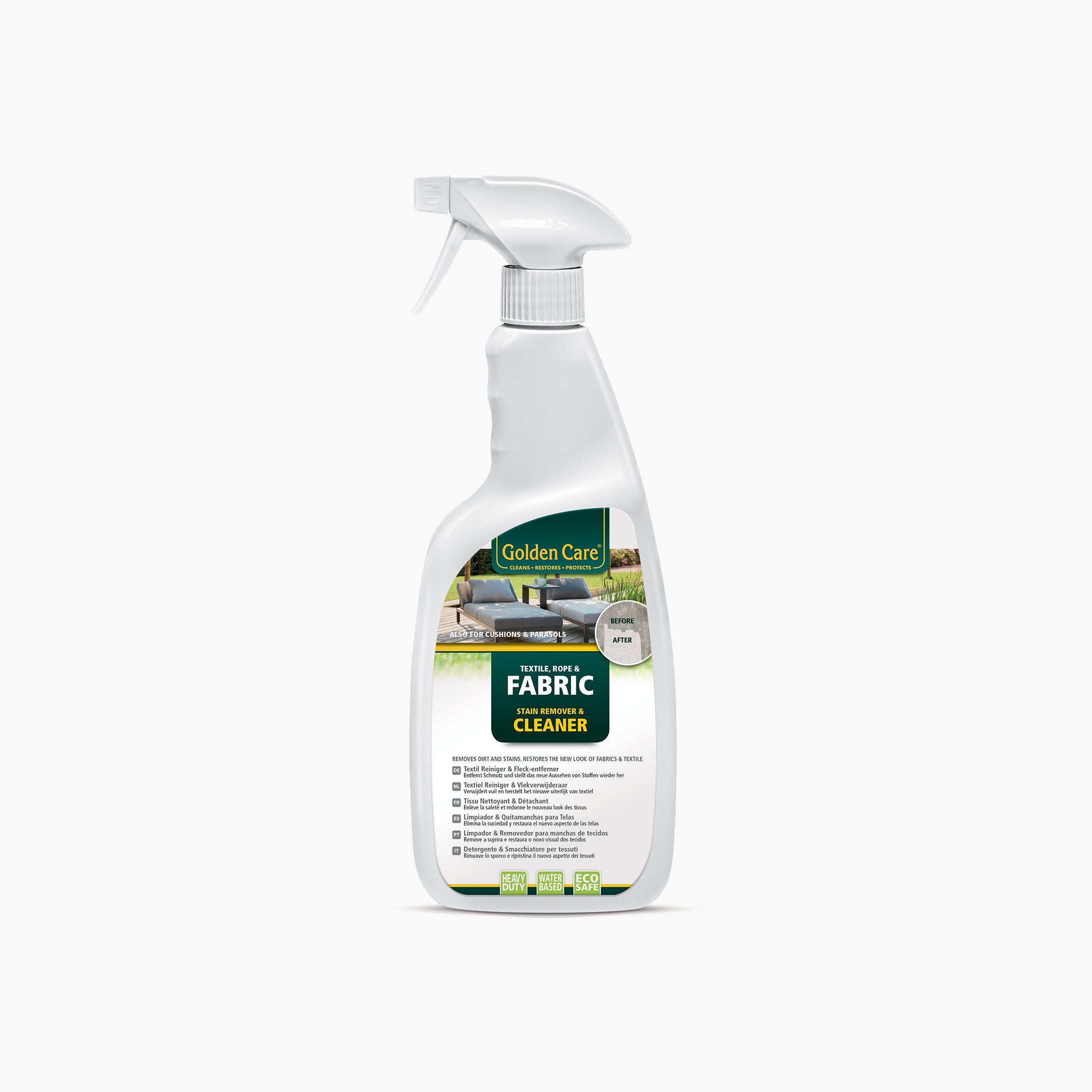 Golden Care Fabric Cleaner (0.75 Litre) spray bottle on a white background, ideal for upholstery and outdoor furniture cleaning.
