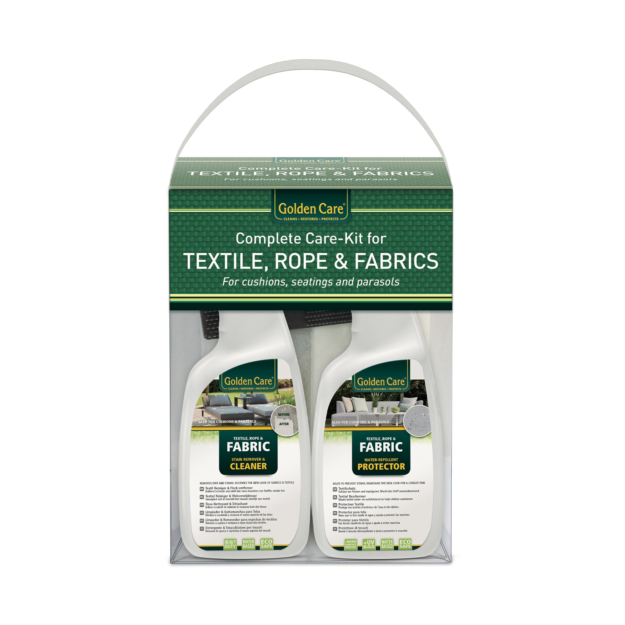 FREE - Golden Care Fabrics & Upholstery Care Kit includes everything you need for complete care of outdoor furniture, textile, rope, and fabrics: fabric cleaner and textile protector bottles packaged in a cardboard box.