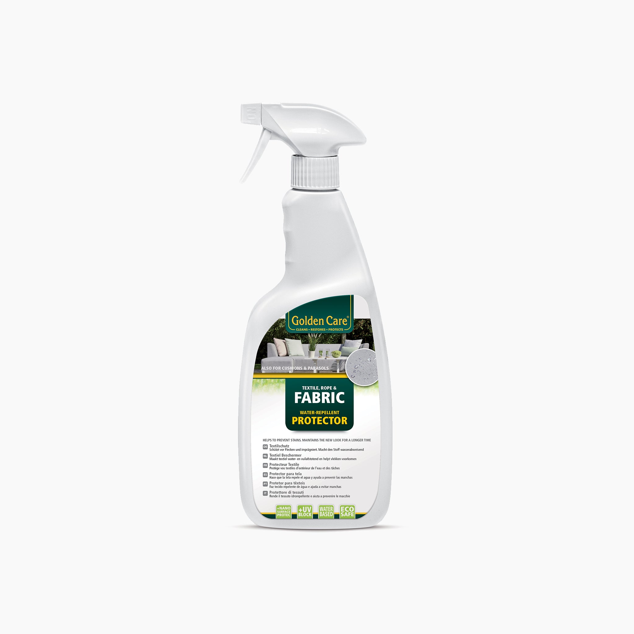 The Golden Care Fabric Protector (0.75 Litre) spray bottle, with a green label on white, offers stain-resistant and water-repellent protection for fabrics.