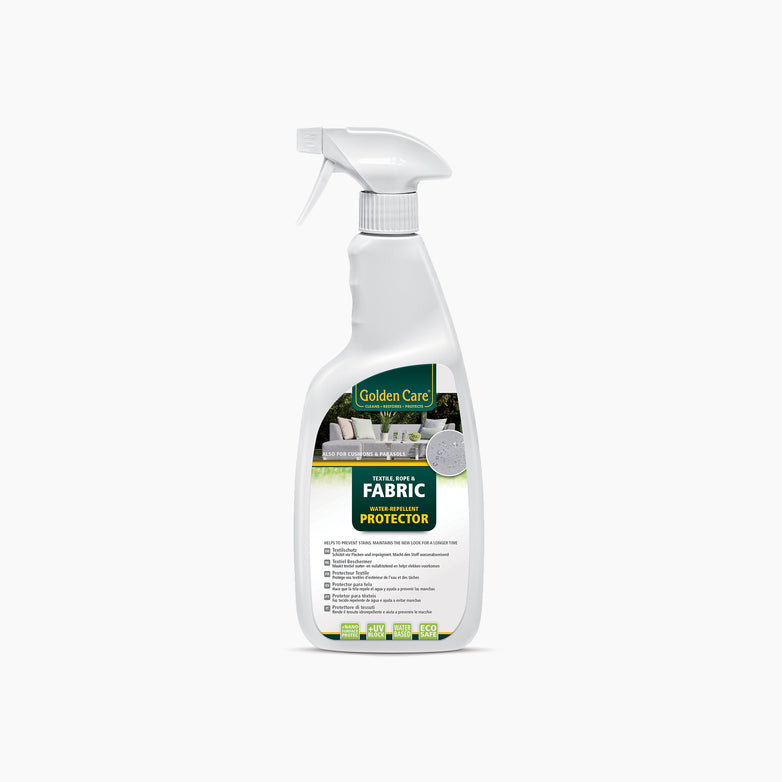 The Golden Care Fabric Protector (0.75 Litre) spray bottle, with a green label on white, offers stain-resistant and water-repellent protection for fabrics.