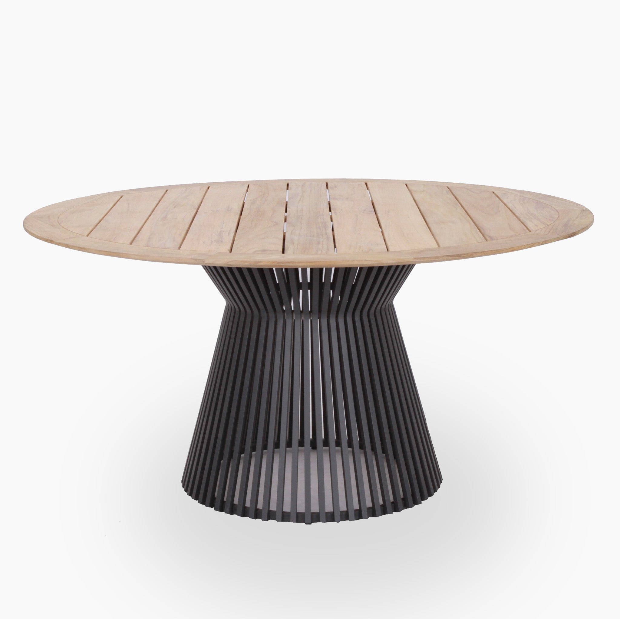 The Lucca 6 Seat Dining Set features a teak round table with a slatted top and black, open-frame conical base, ideal for outdoor living.