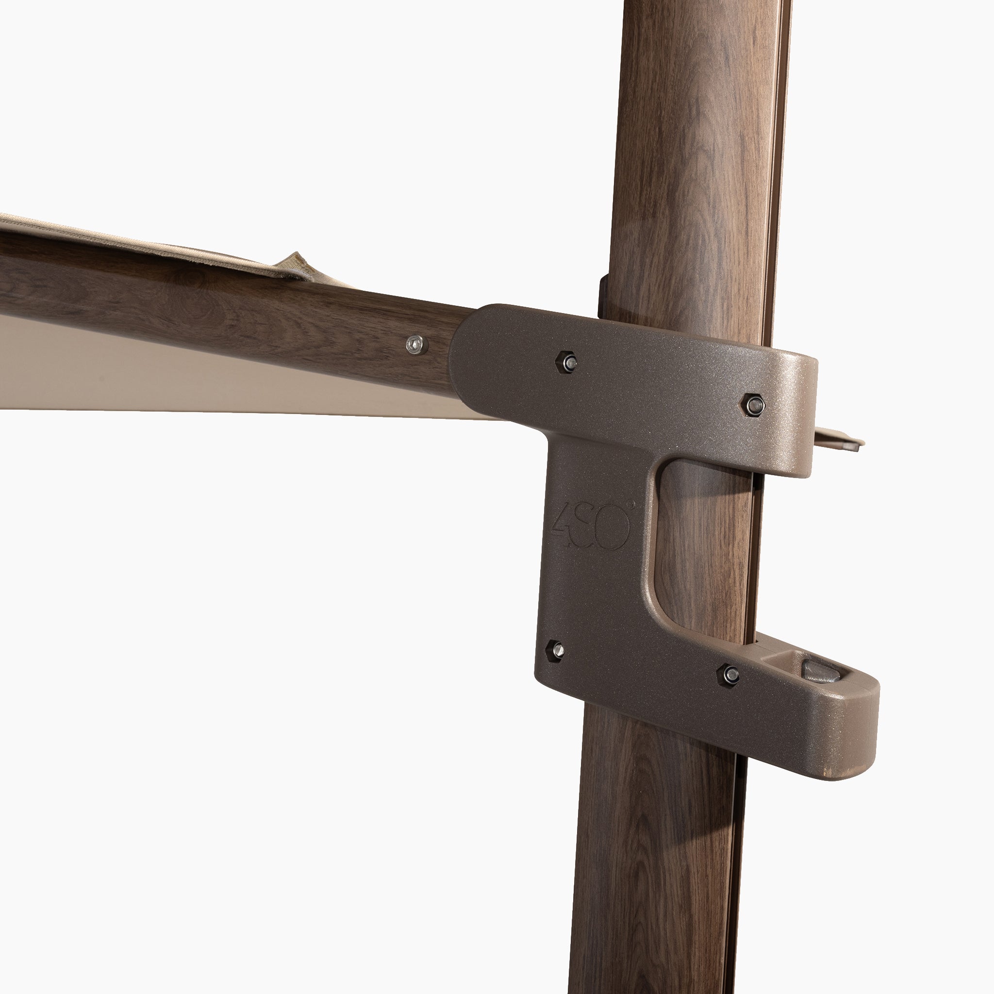 Close-up of a brown metal clamp securing two wooden beams on a white background, perfect for supporting the Finca 4m x 3m Cantilever Parasol in Walnut.